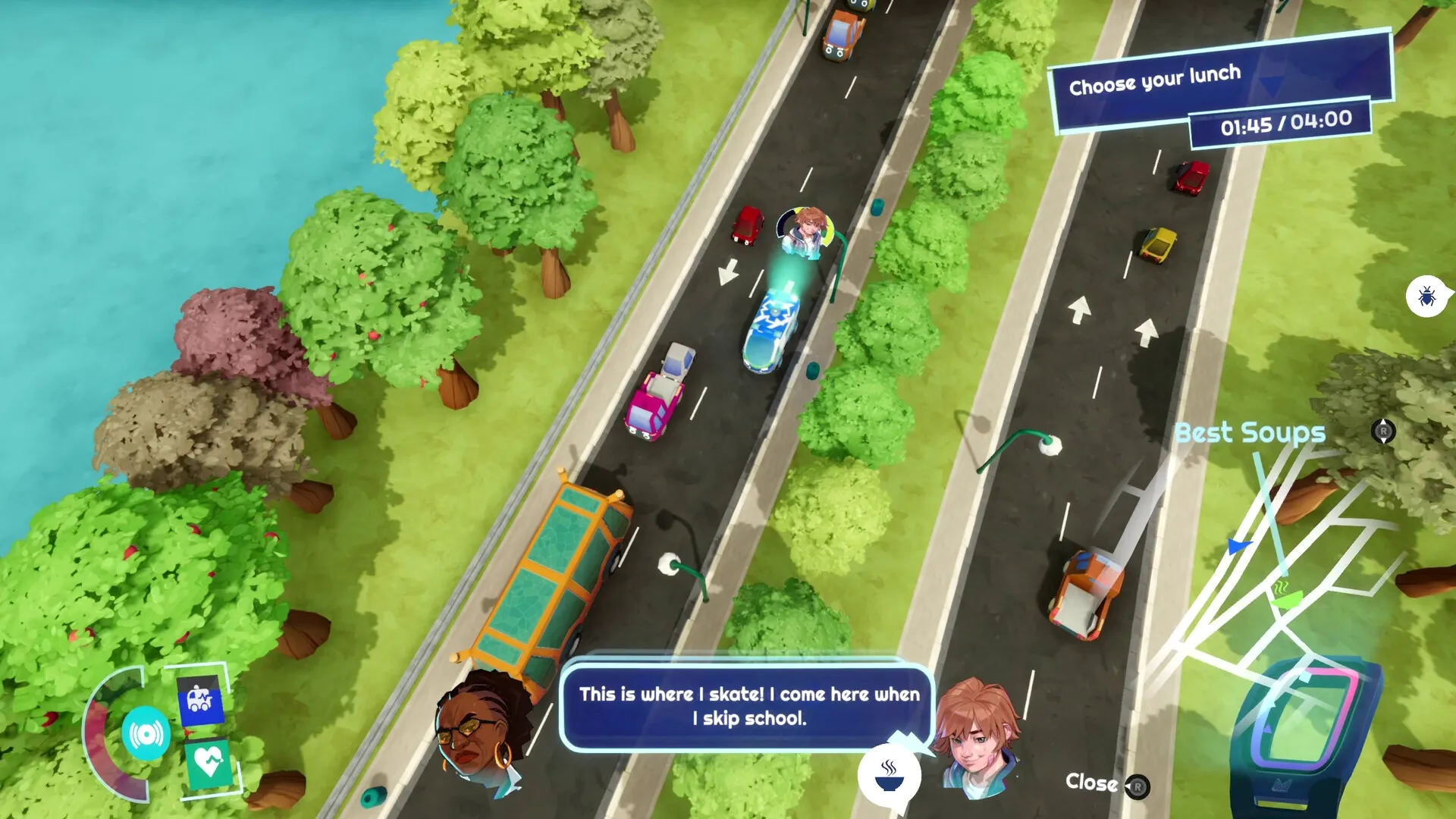 Highway to Heal: Jakub navigates traffic in a paramedic car on a tree-lined road with UI dialogue boxes