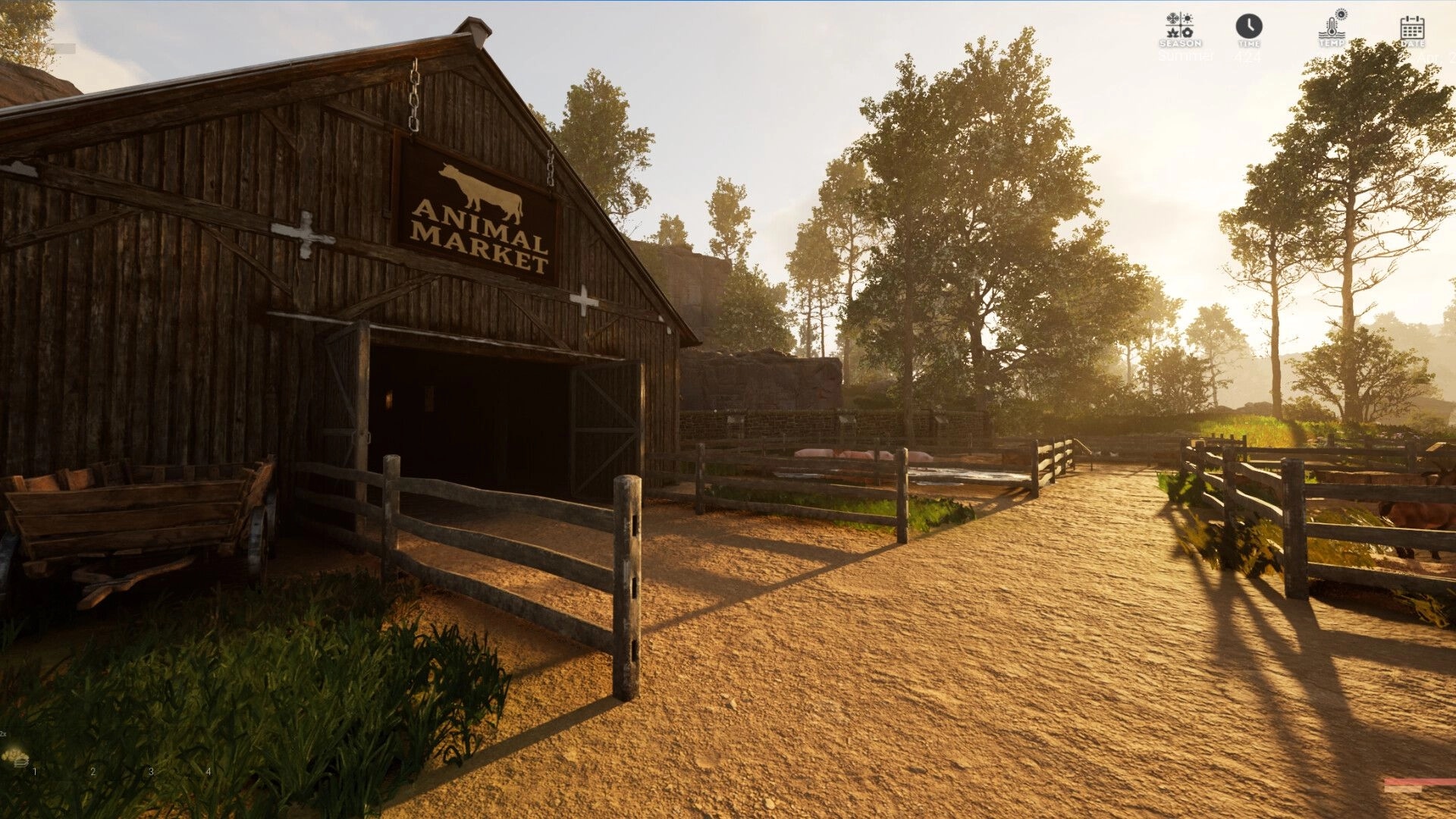 Hillshade Farm: Animal market entrance with wooden fencing and lush trees under a bright, sunny sky