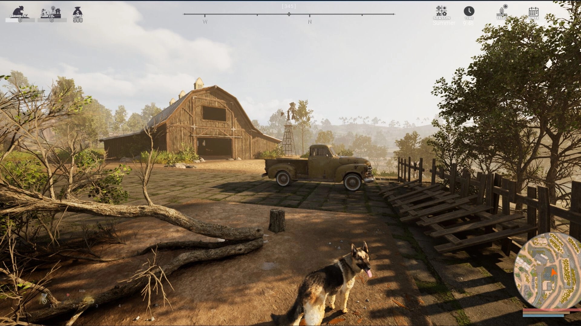 Hillshade Farm: Dog roams near barn and old truck, with a mini map and status icons visible on screen.