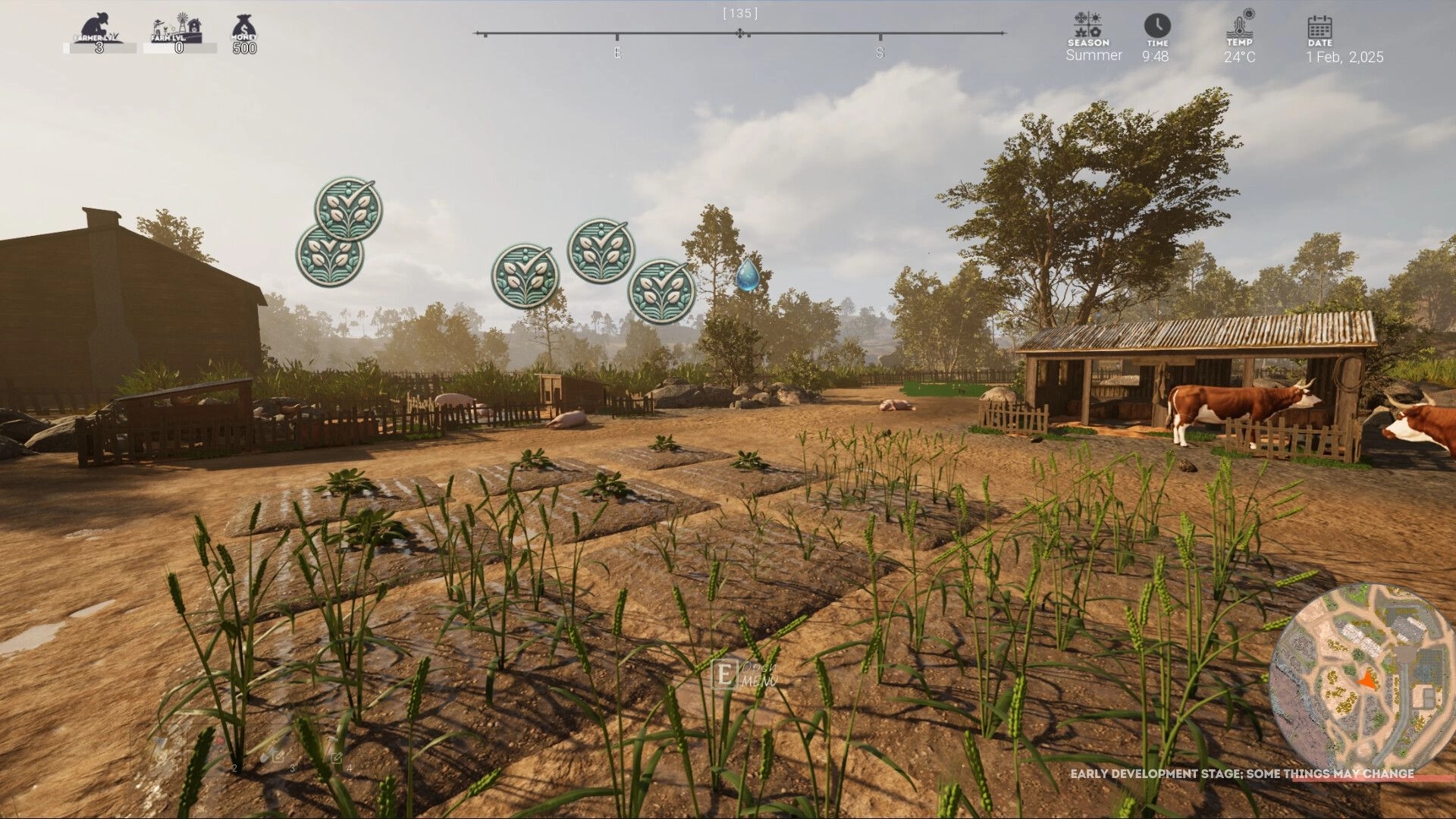 Hillshade Farm: Growing crops in the field with cows in a barnyard under a sunny summer sky