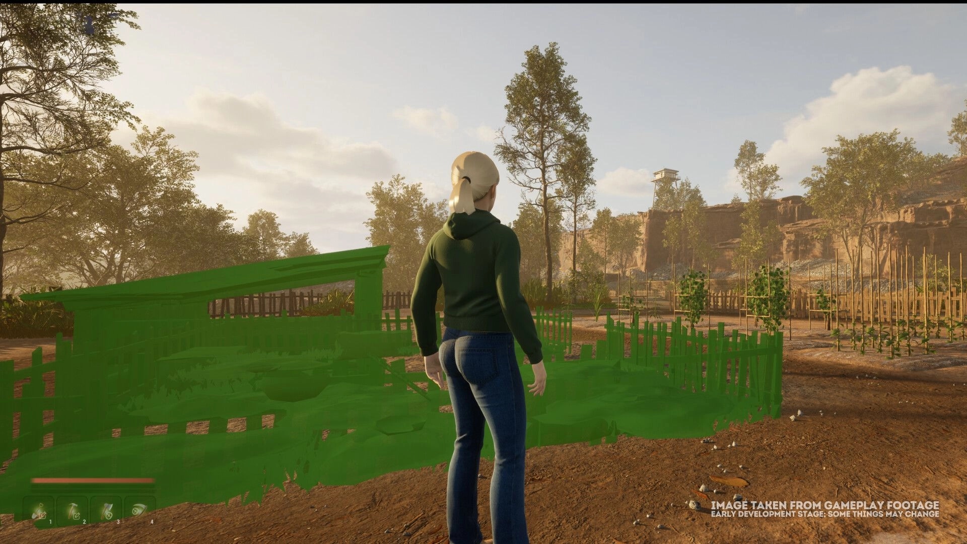 Hillshade Farm: Player character explores field with placeholder green structures under a clear sky