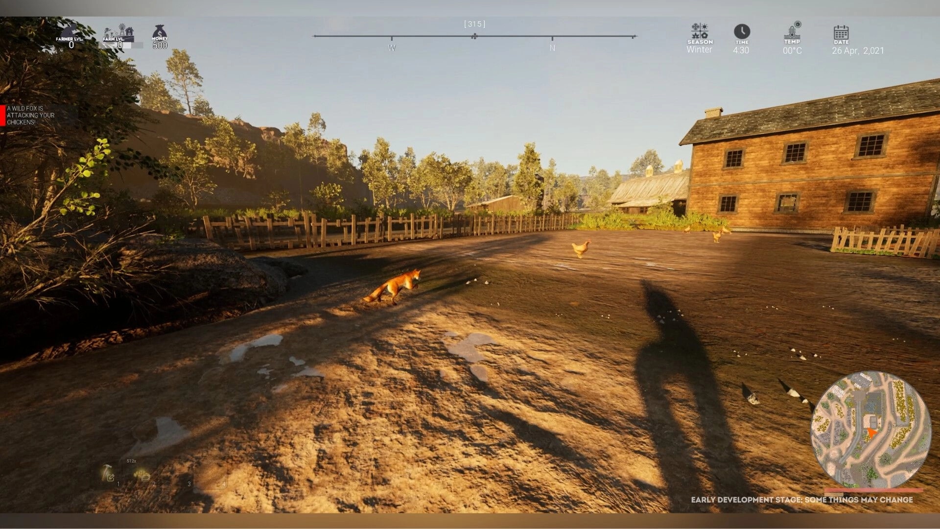 Hillshade Farm: A wild fox chases chickens near a wooden farmhouse under a clear sky at dawn.