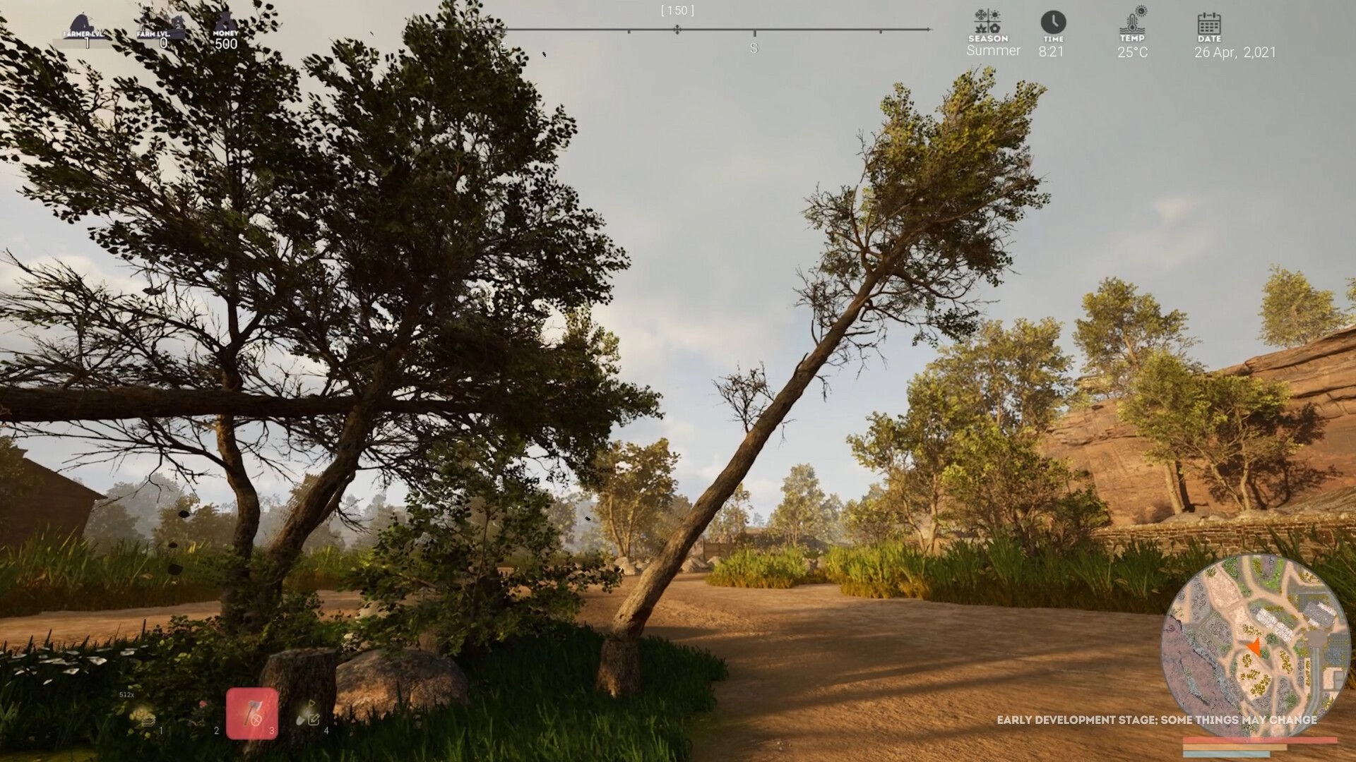 Hillshade Farm: Pathway through a lush forest with tall trees, minimap and UI showing season and time