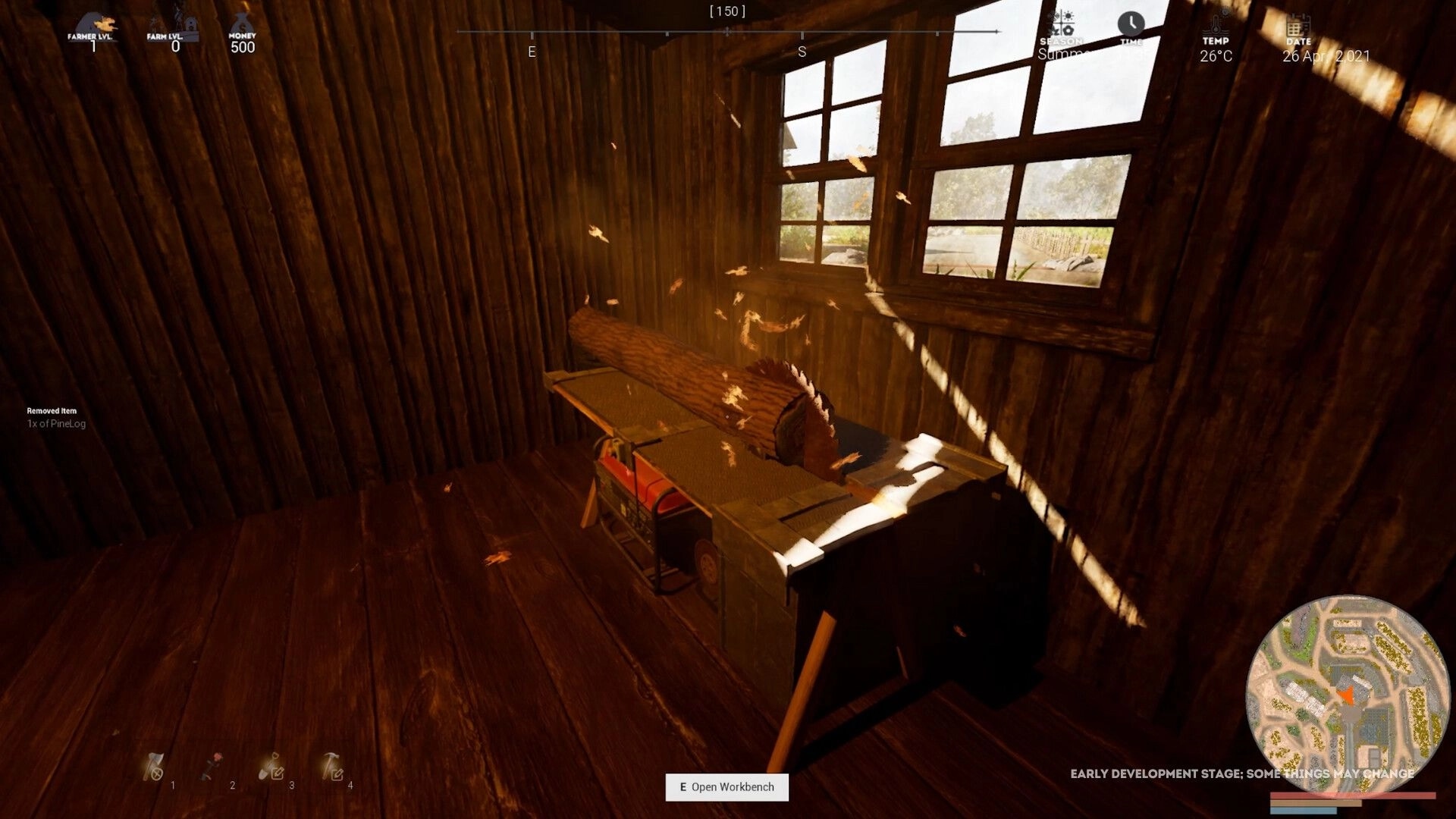 Hillshade Farm: Log being sawed on a workbench inside a wooden cabin with sunlight streaming through windows