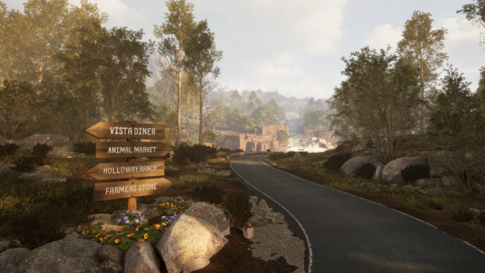 Hillshade Farm: Rustic signpost directs to various locations along a winding road through lush woodland