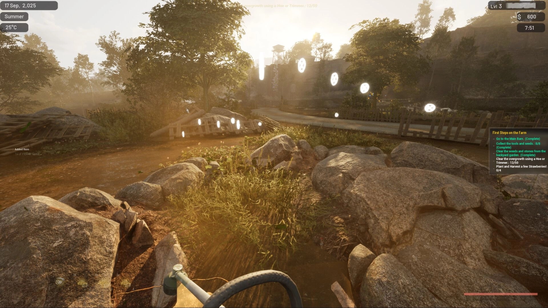 Hillshade Farm: Clearing overgrowth with a trimmer in a sunlit rocky garden, task list on screen