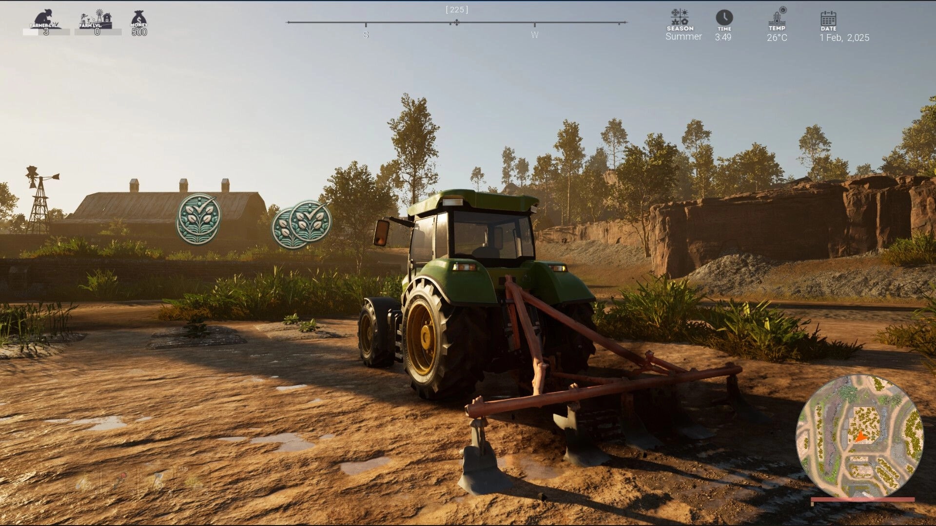 Hillshade Farm: Green tractor in field with barn and windmill, summer season, time and map on HUD