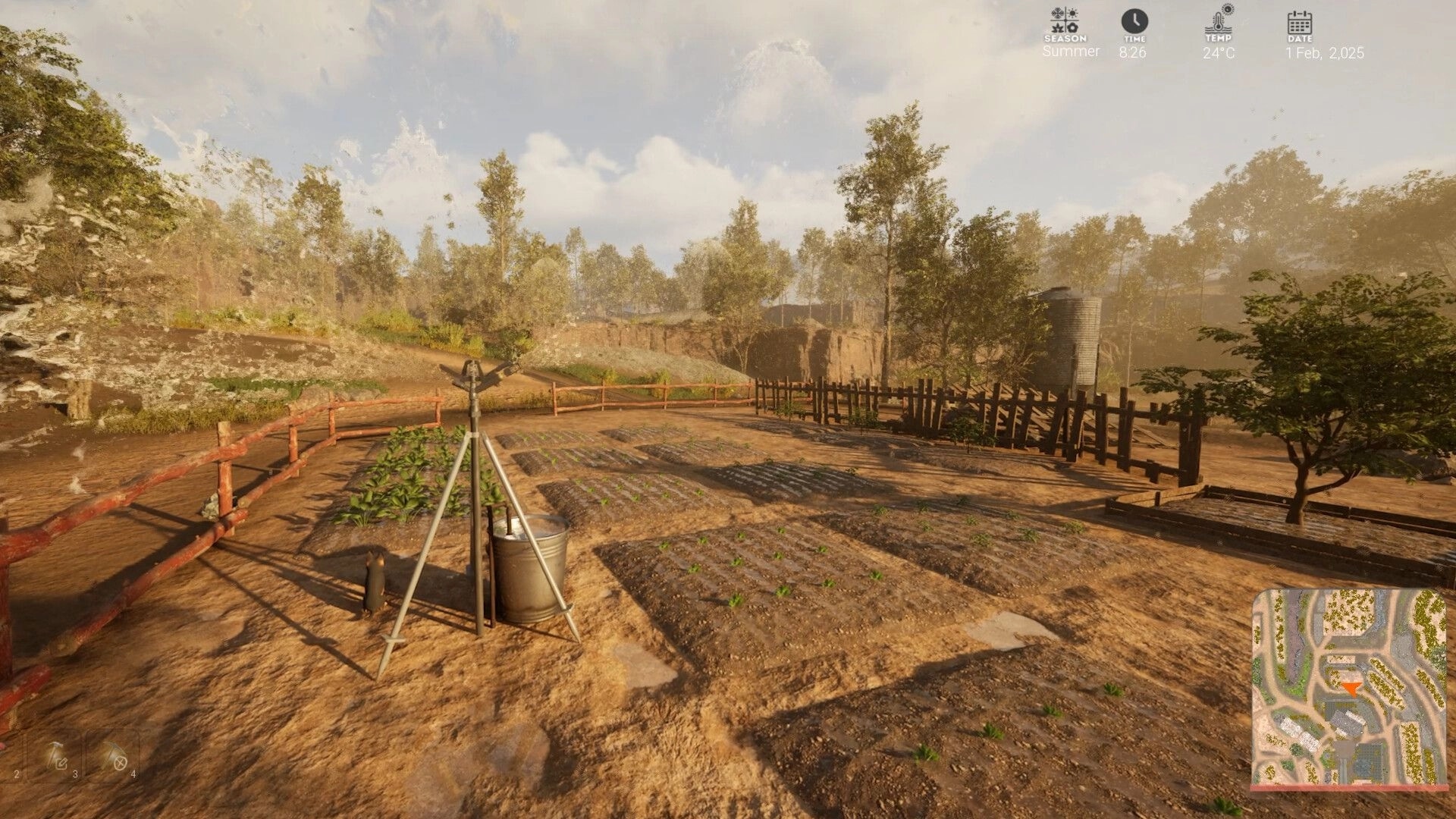 Hillshade Farm: Early morning view of planted fields and wooden fences with weather UI displayed
