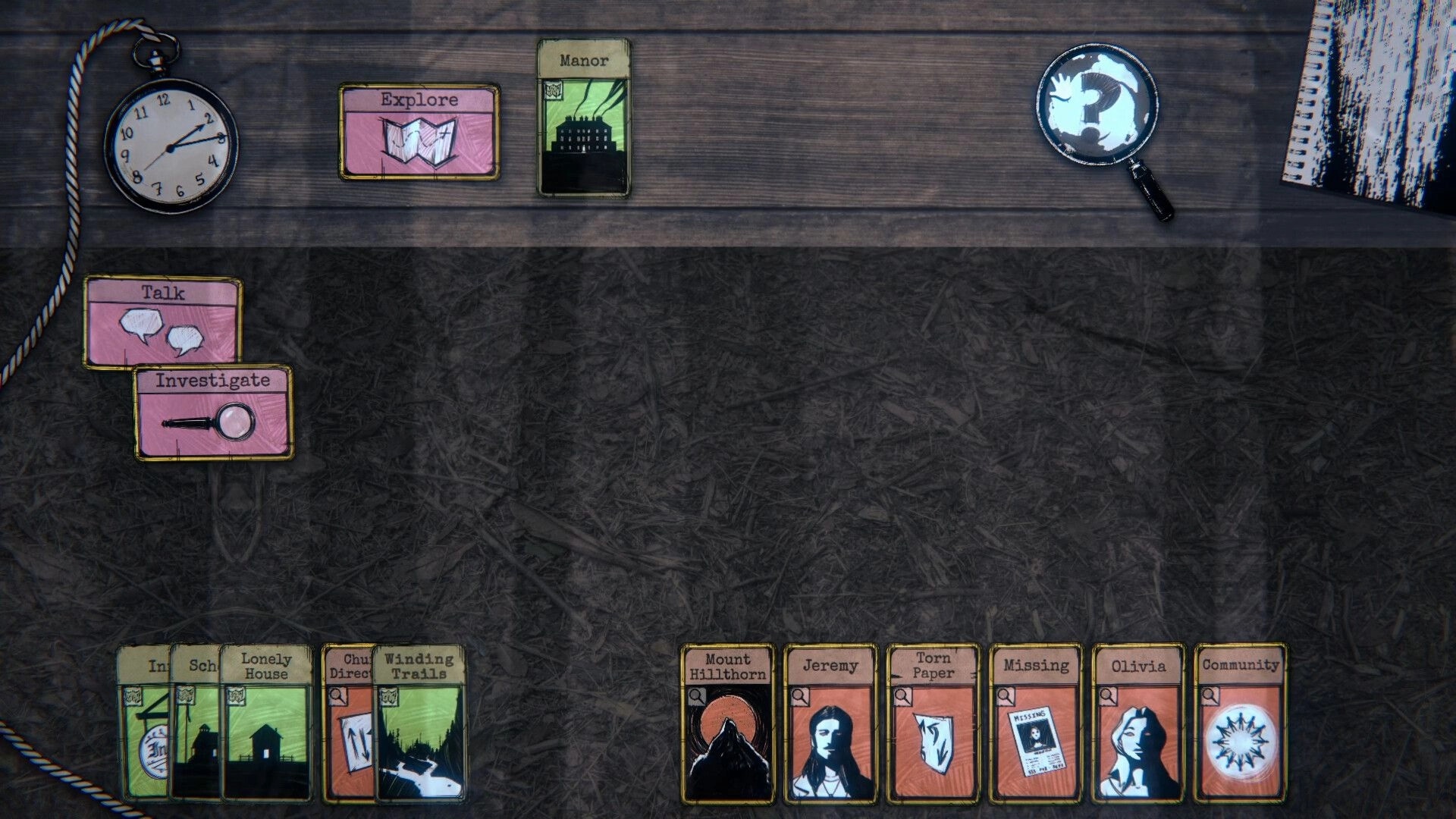 Hillthorn: Investigation board with Explore, Talk, Investigate cards and clue deck on desk surface.