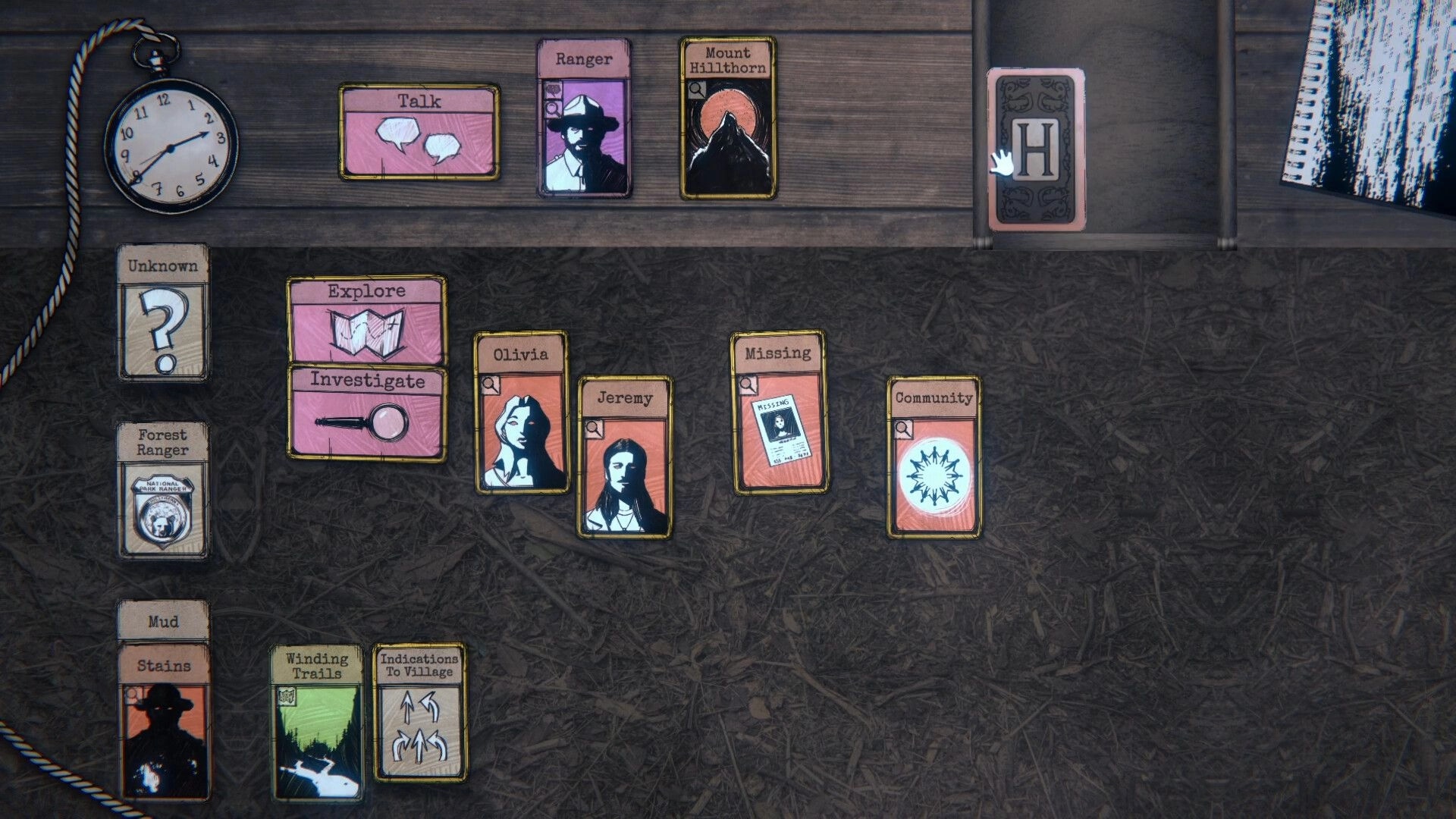 Hillthorn: Card-based investigation UI with Explore and Investigate options on a wooden board scene.