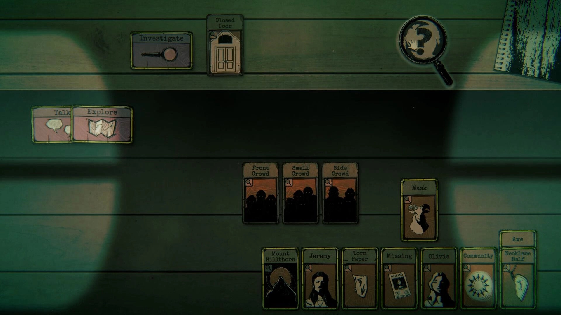 Hillthorn: Investigation board with clue cards and Talk, Explore, Investigate buttons on wood paneling.