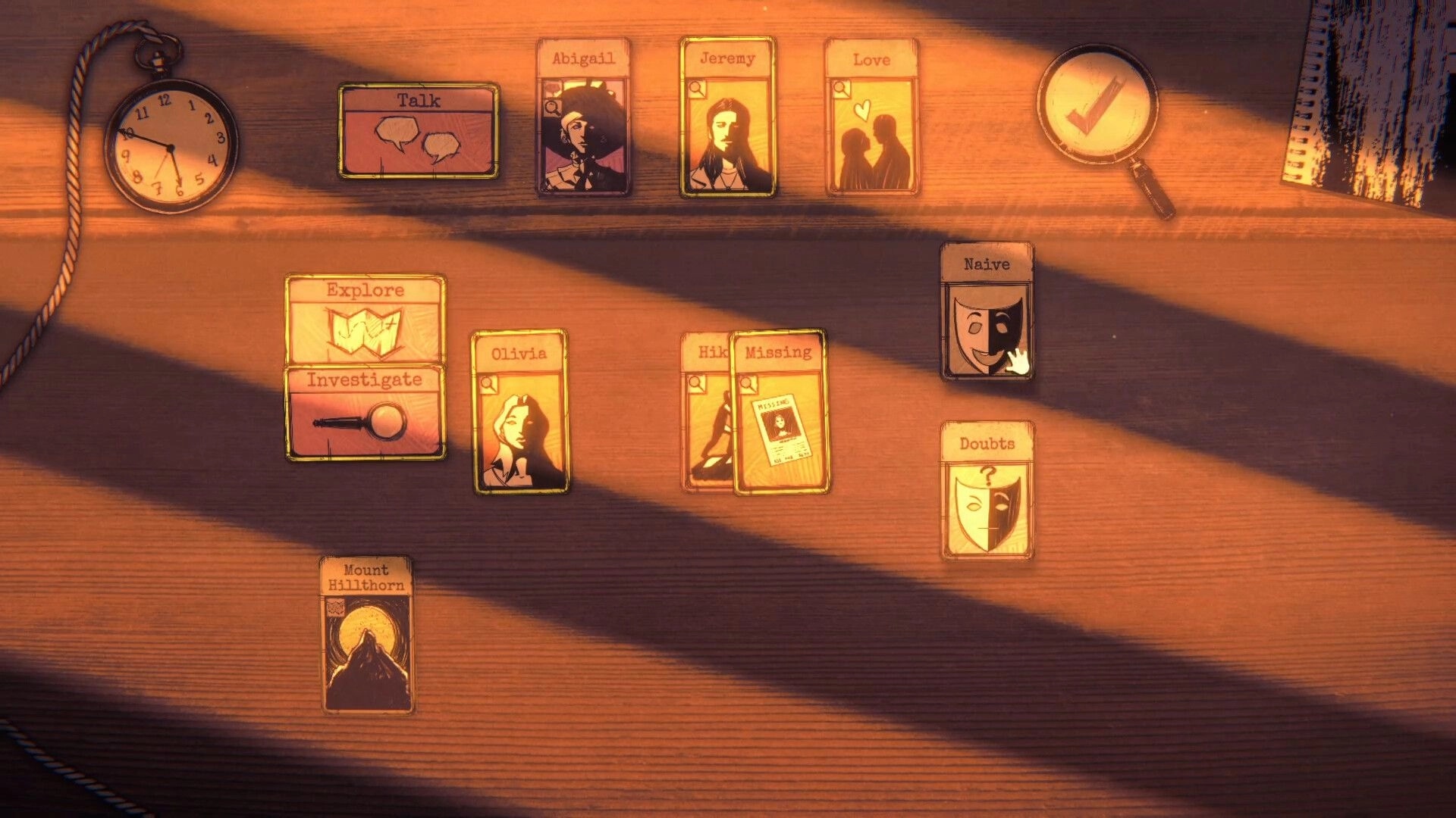Hillthorn: Investigation board with Talk, Explore, and character cards laid out on a desk scene.
