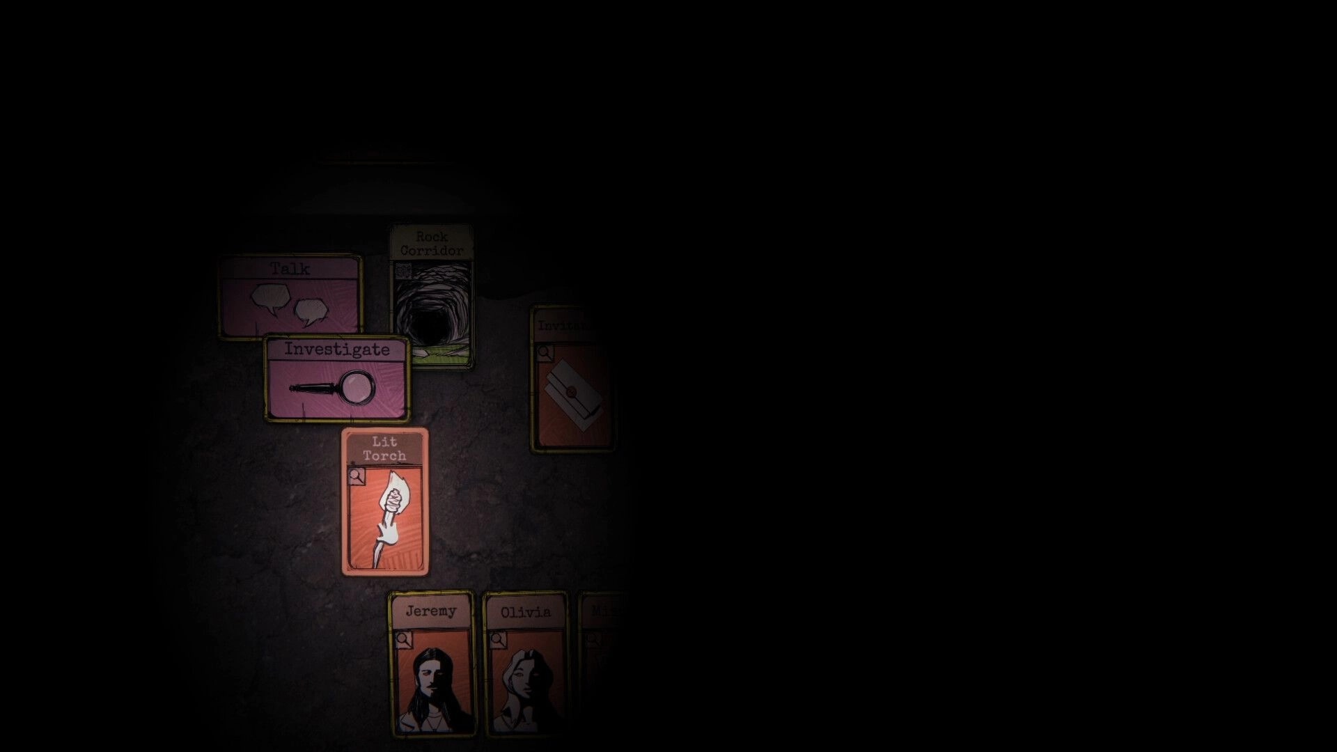 Hillthorn: Action cards for Talk, Investigate, and Lit Torch beside Rock Corridor in darkness.