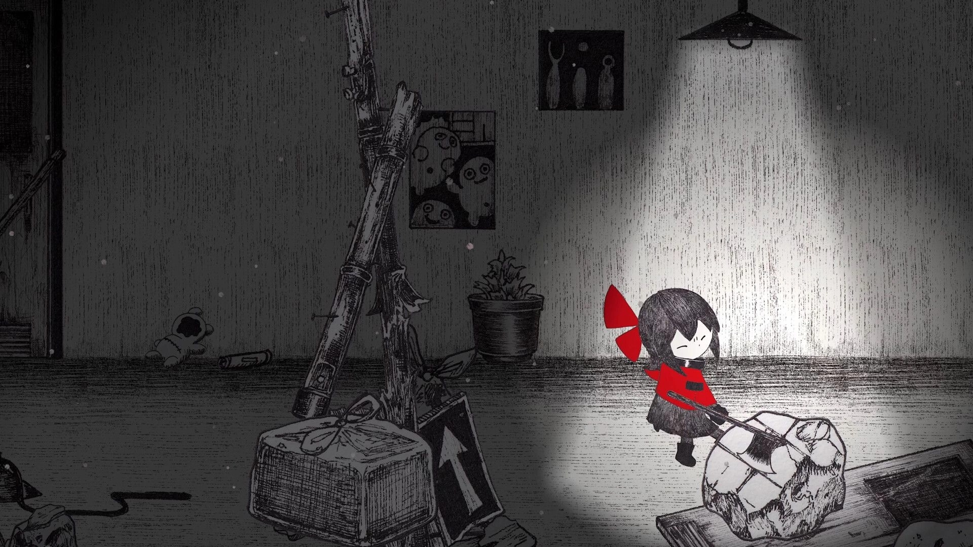 HINO: Girl in red cloak pulls a wrapped bundle across a dim room with posters, lamp, and plant.