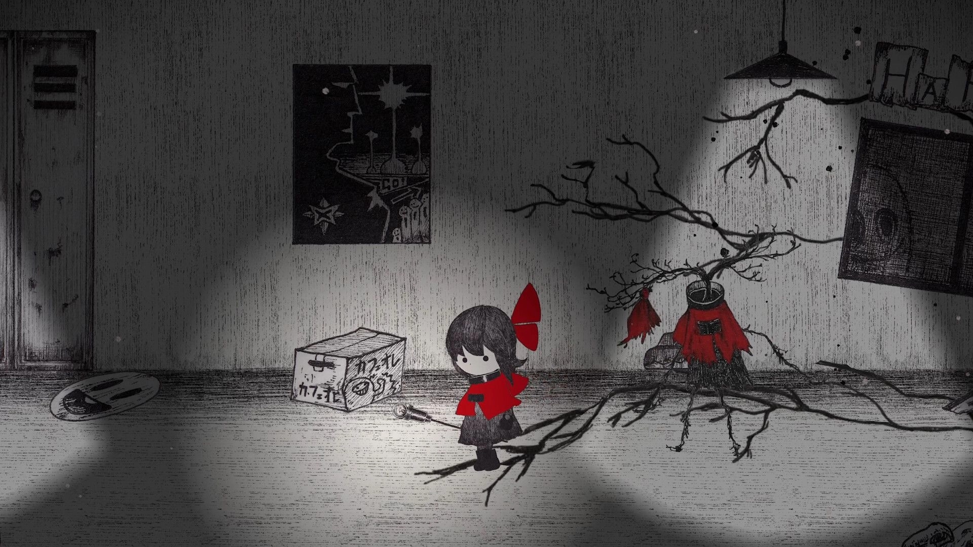 HINO: Hino stands by creeping black roots and a red-cloaked tree creature in a dim room.