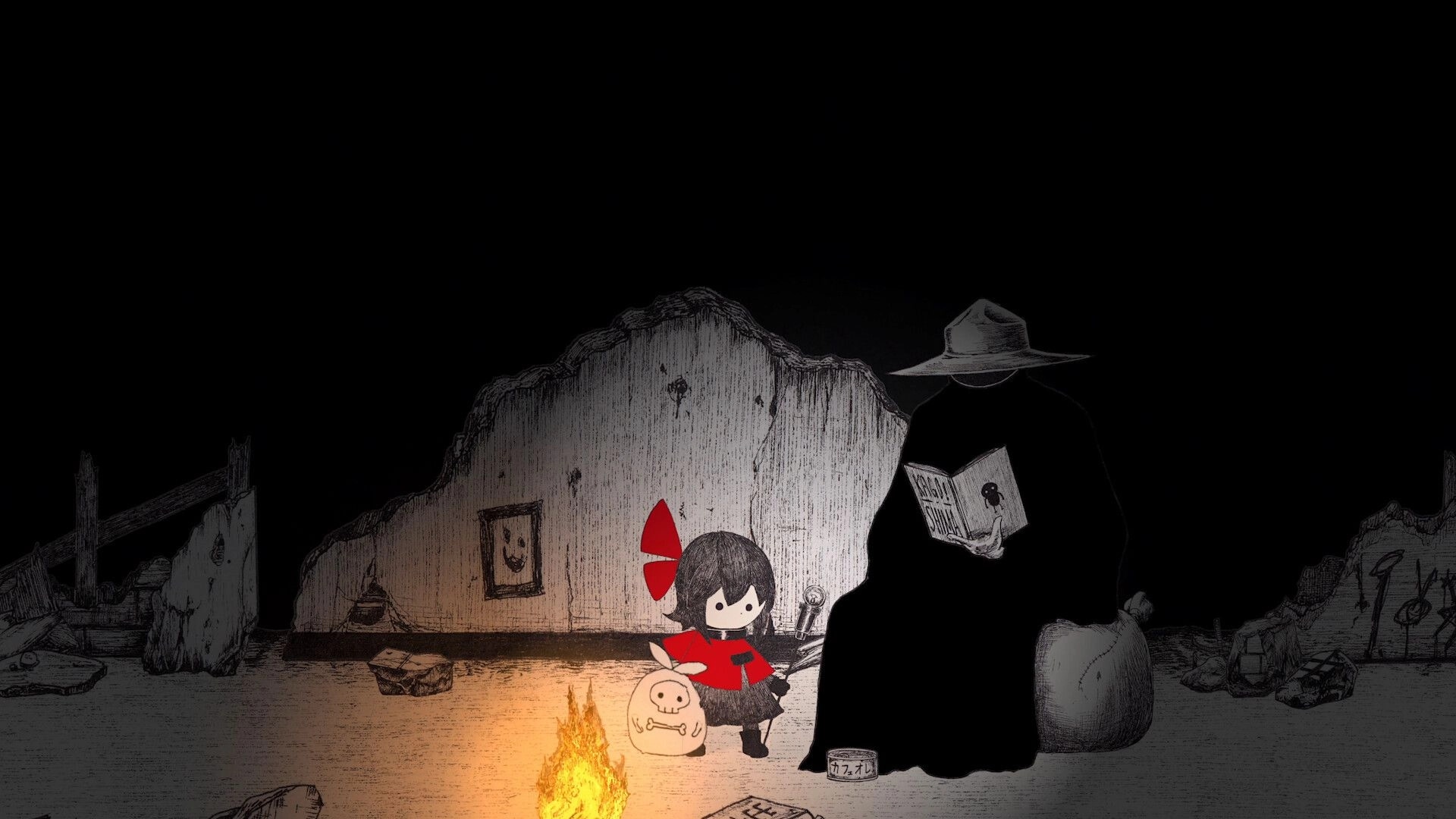 HINO: Hino stands by a campfire with a skull bag while a cloaked figure reads in ruined room.