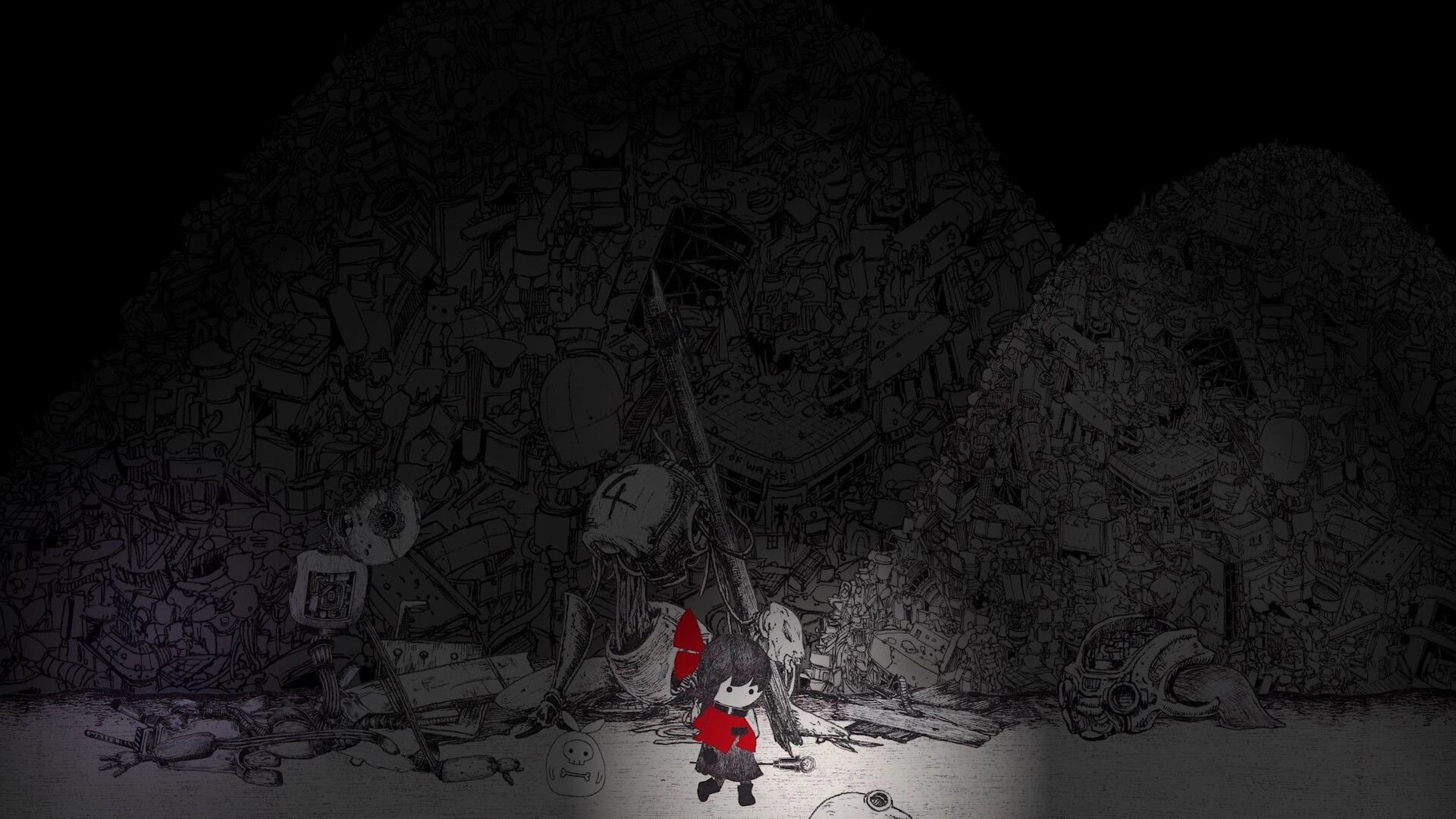 HINO: Red-cloaked girl and small skull companion stand before towering junk heaps in dim wasteland.