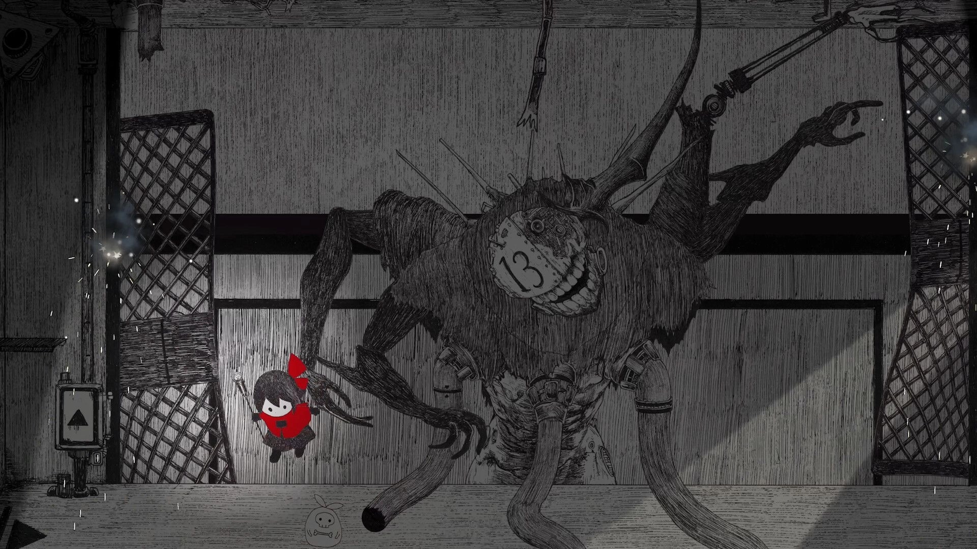 HINO: Red-hooded girl confronts a huge numbered, grinning monster in a grim industrial room.