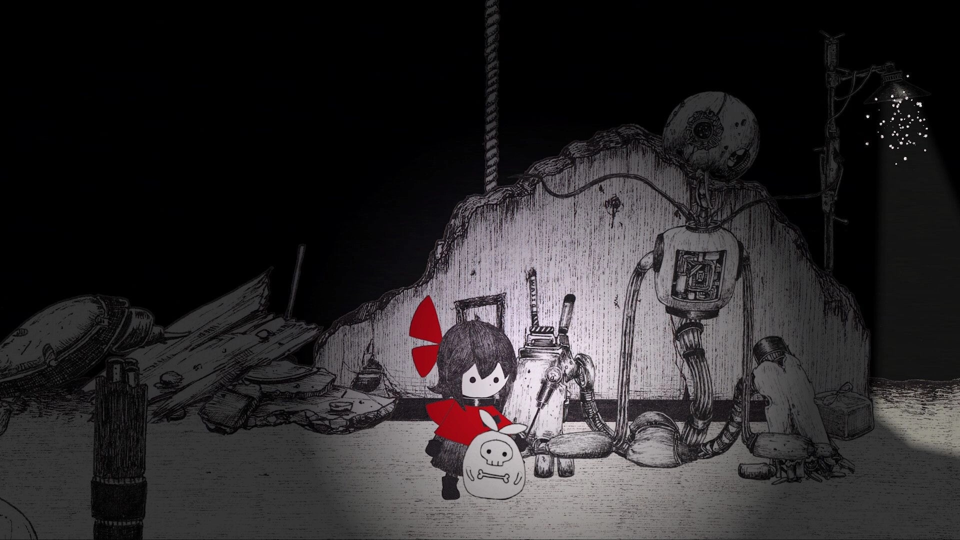 HINO: Hino stands with a skull bag beside a broken robot in a dim junkyard under a streetlamp.