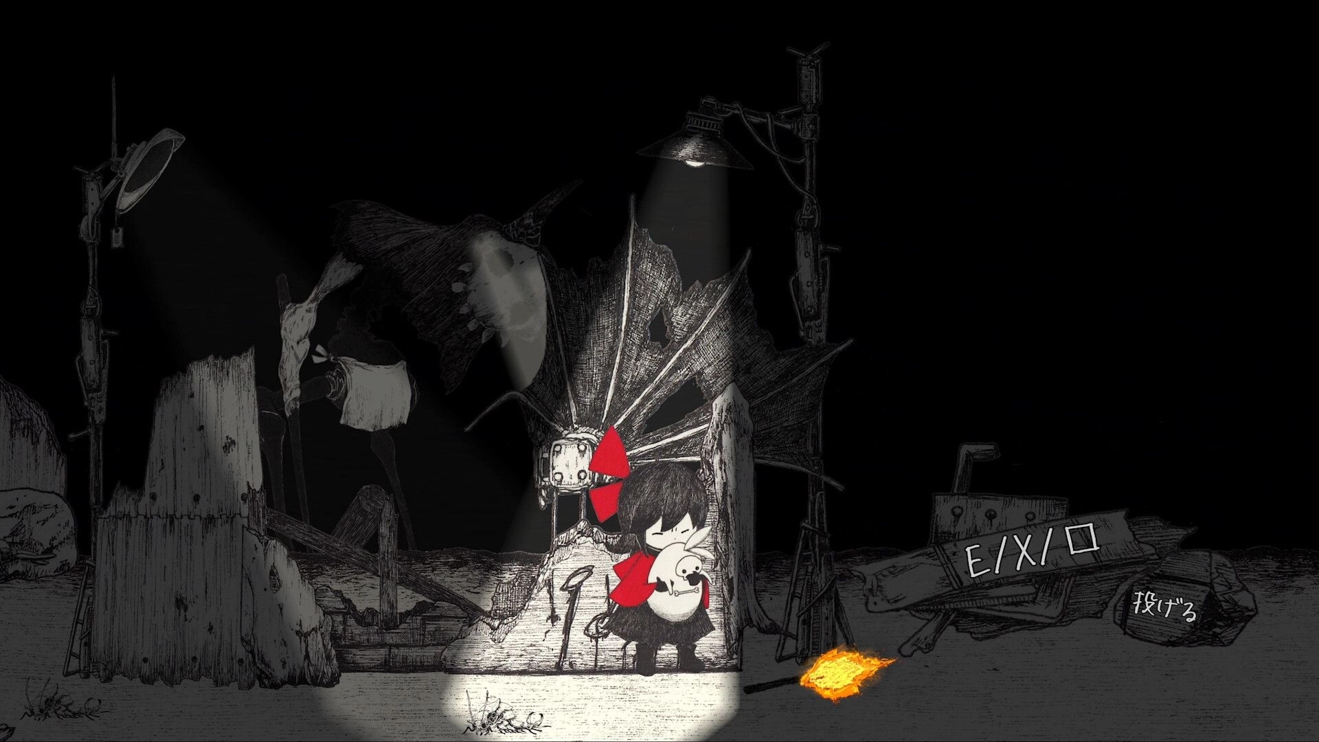 HINO: Hino hugs Monimoni Skeleton under a streetlamp, button prompts over a ruined street scene.