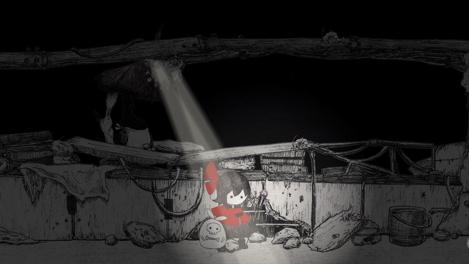 HINO: Hino stands by a skeleton bag in a dim wooden wreckage lit by a narrow beam of light.