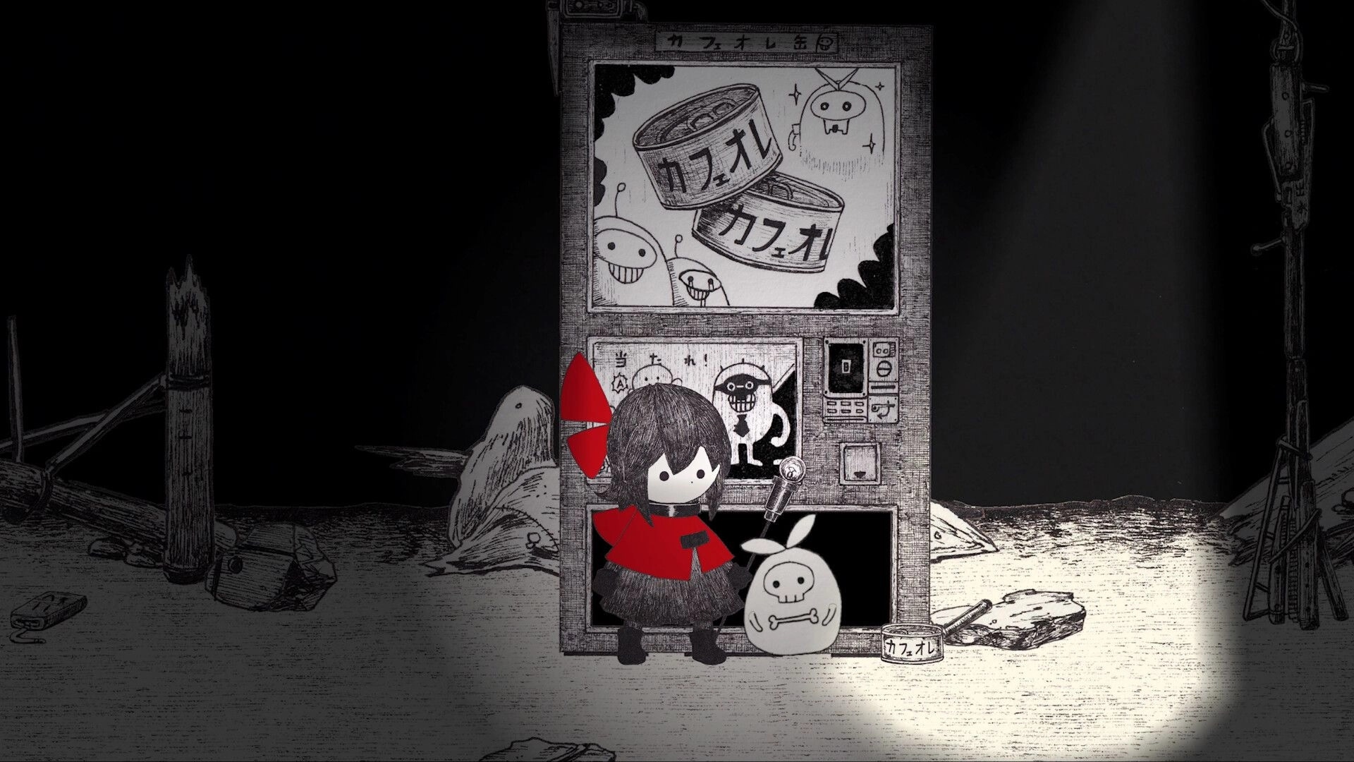 HINO: Hino and Monimoni stand by a vending machine in a dim wasteland with scattered debris.