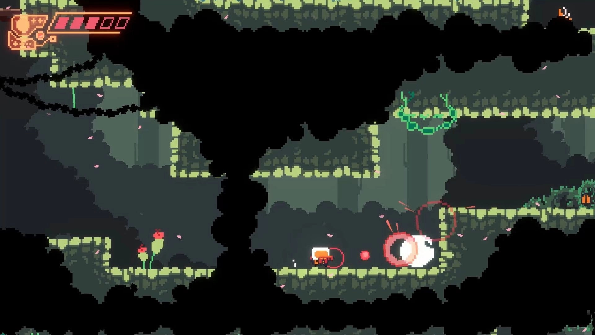 Hippoxxus: Player character battles eye-like alien in dark, cavernous spaceship with health bar visible