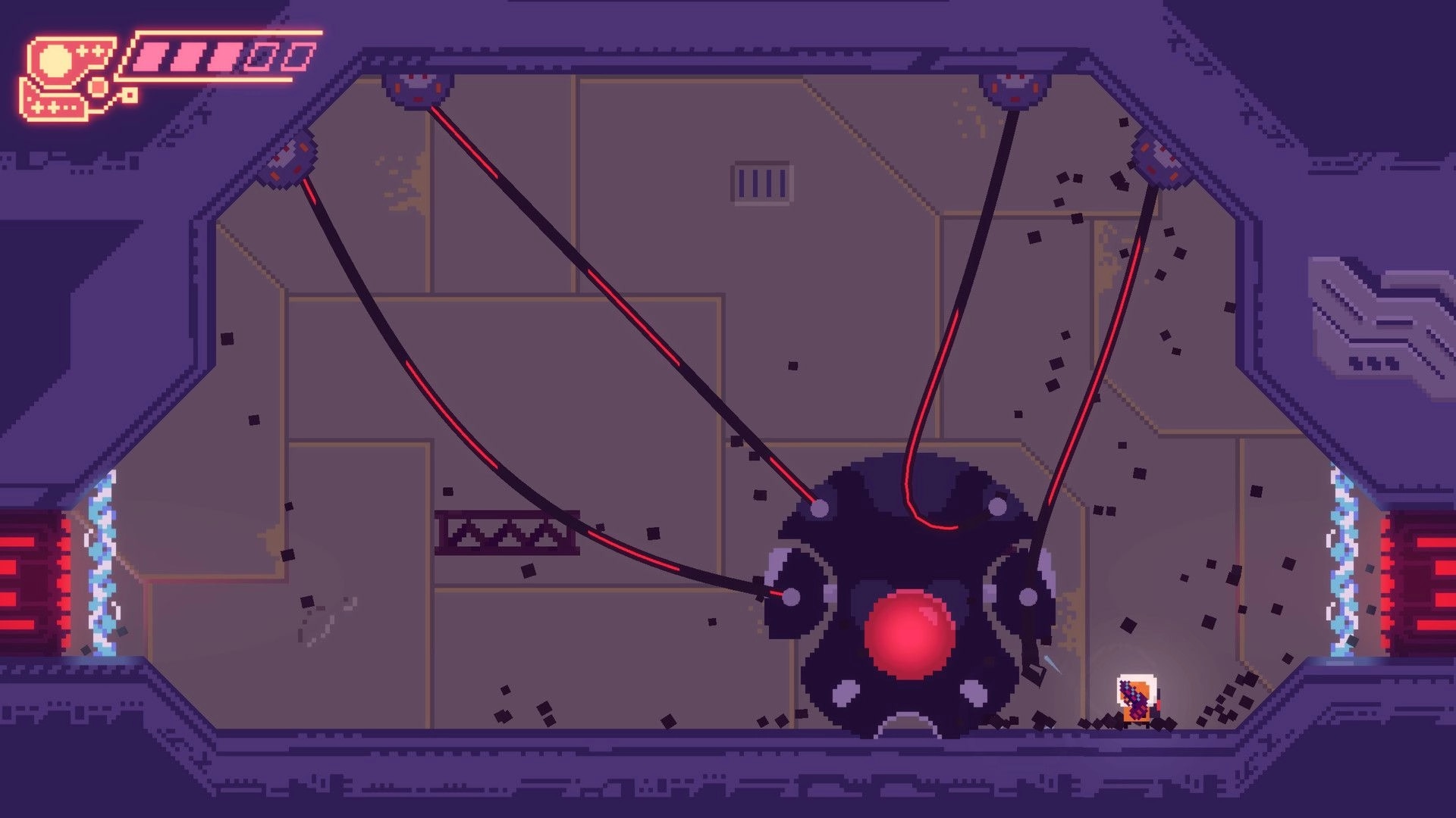 Hippoxxus: Player faces a giant mechanical orb with red cables in a dimly lit spaceship corridor.