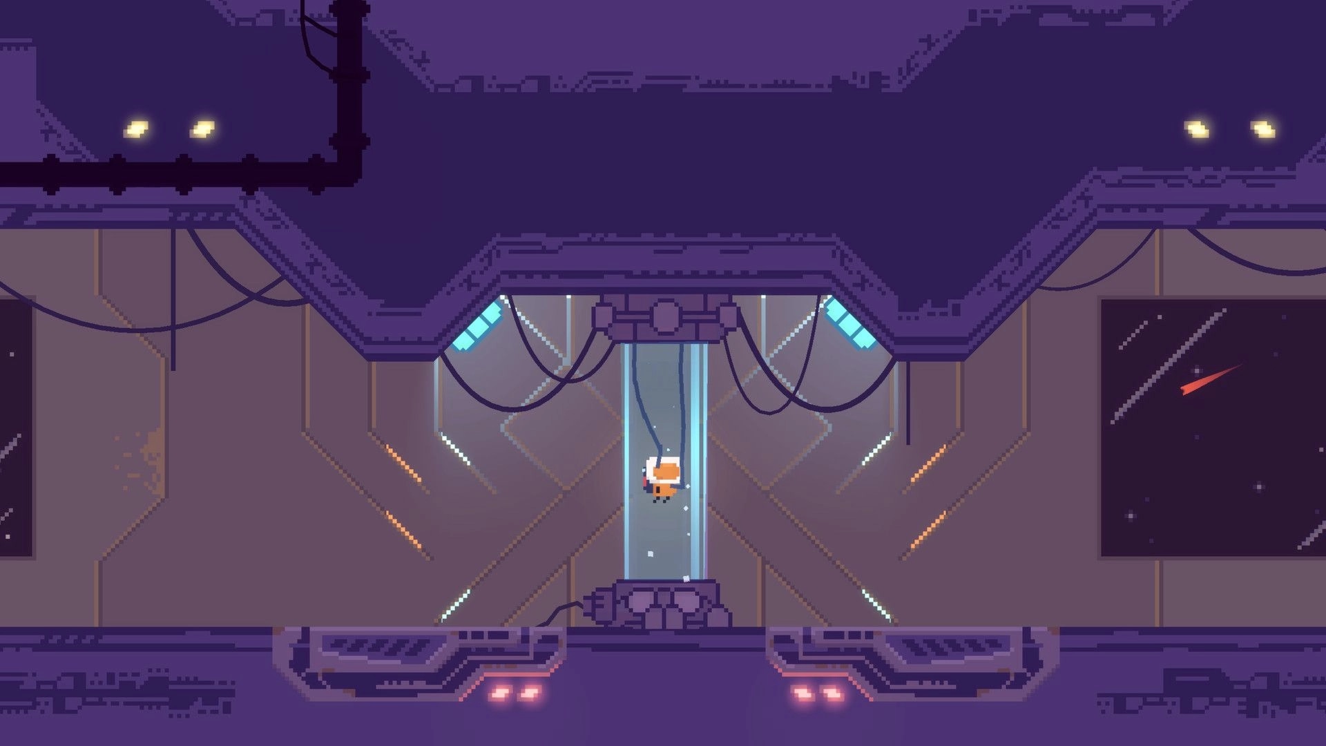Hippoxxus: Character in elevator shaft surrounded by purple walls and glowing lights on spaceship.