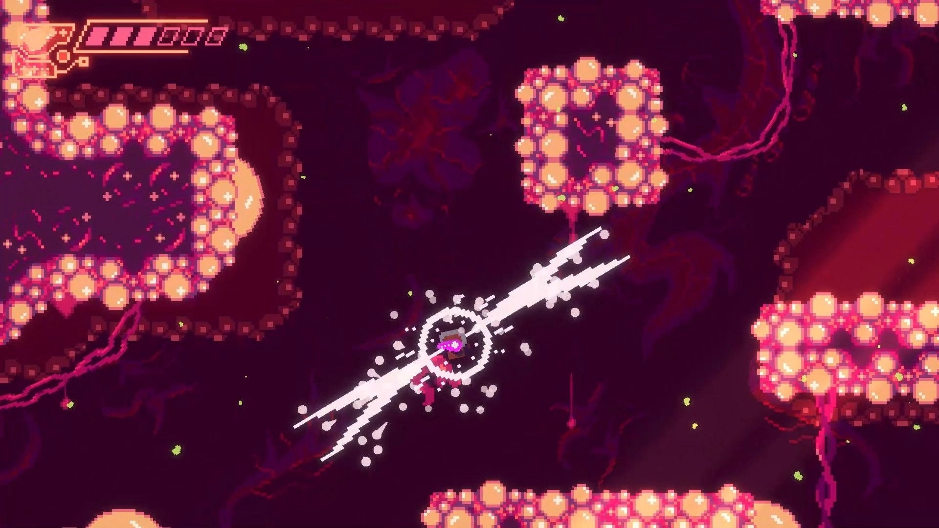 Hippoxxus: Character shooting through a dark alien cavern with neon platforms and health bar UI visible