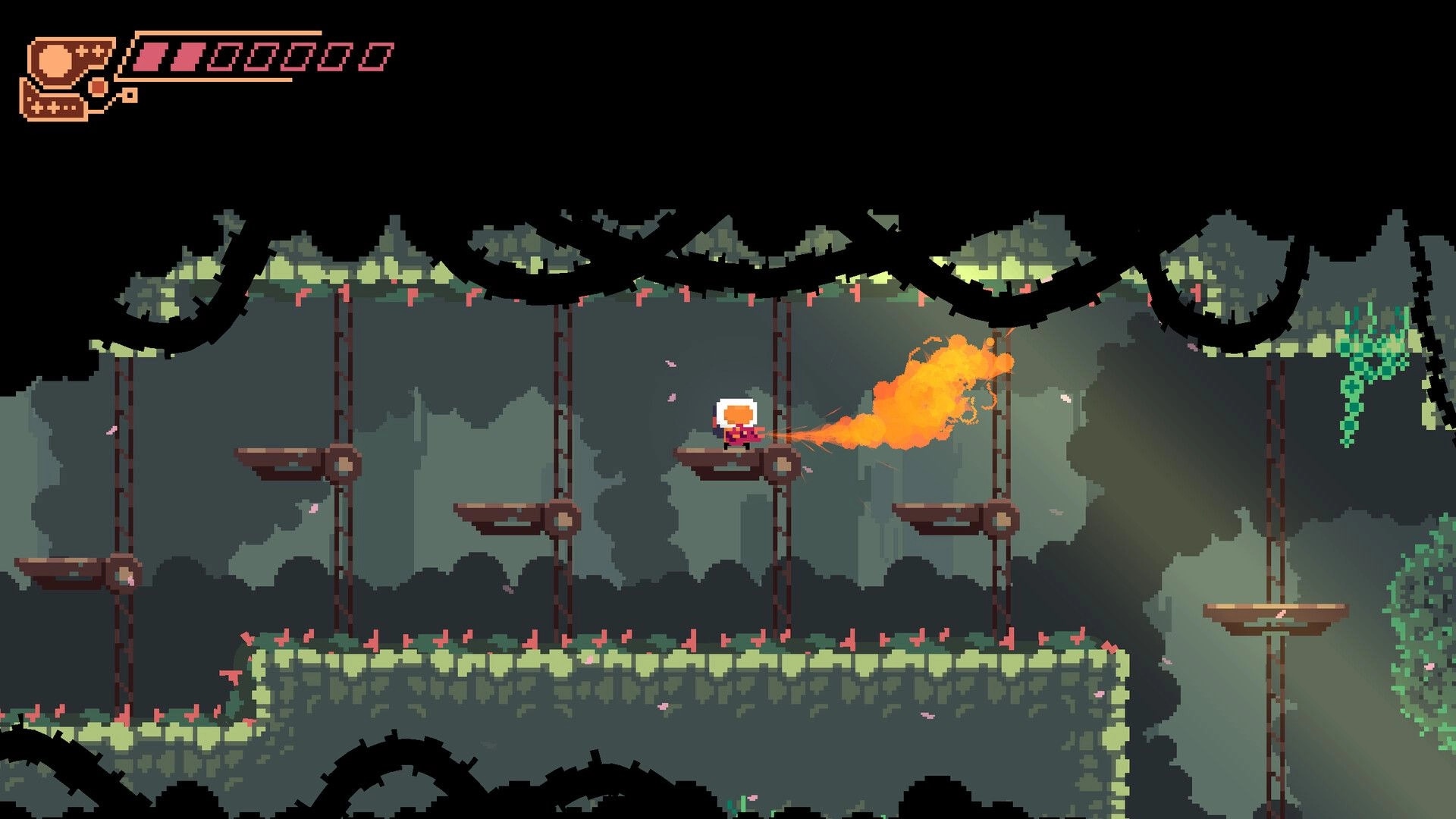 Hippoxxus: Player character shoots flame in forested spaceship area with platforms and health bar visible.