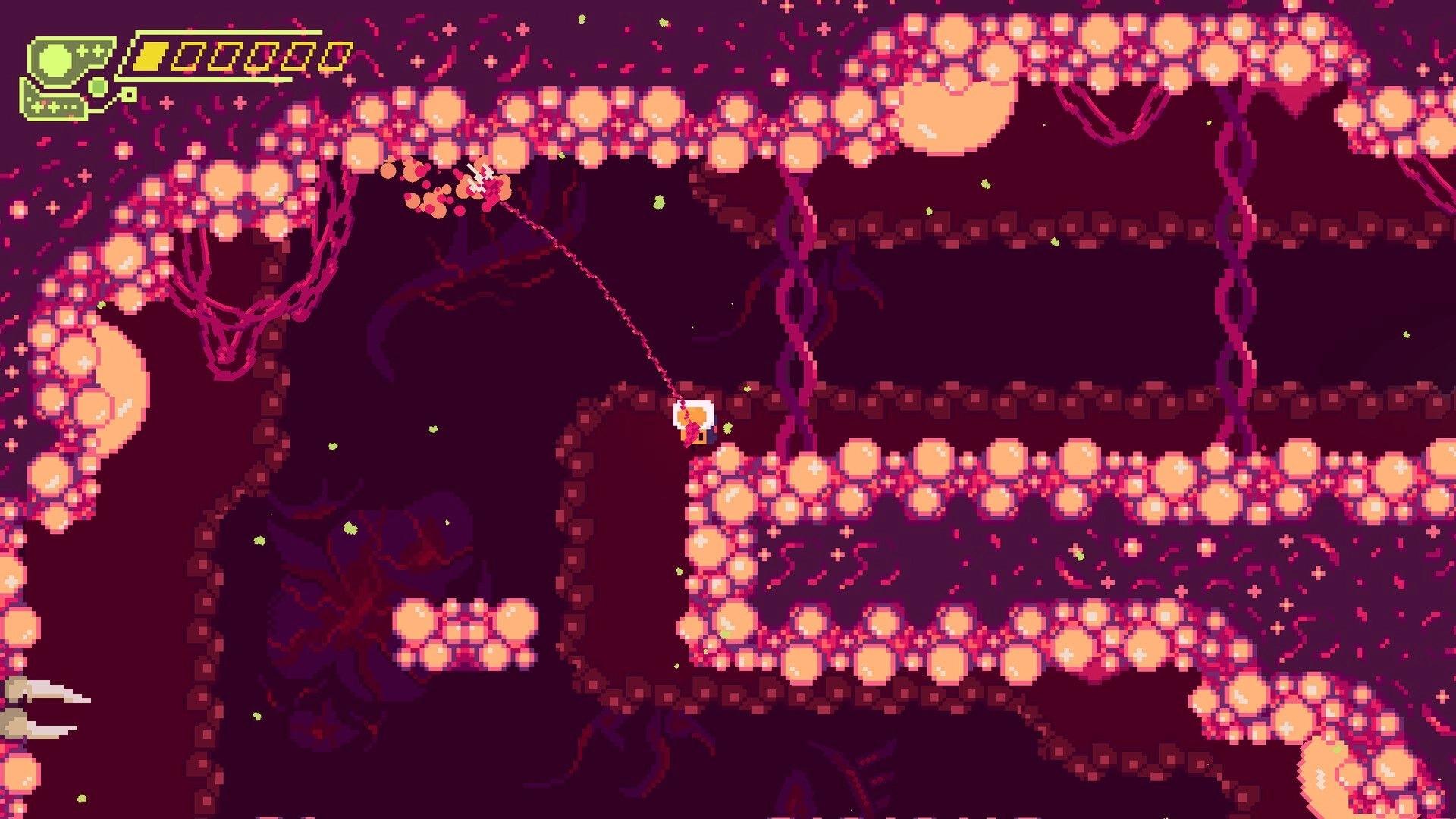 Hippoxxus: Player swinging through alien tunnels with grappling hook in neon-lit spaceship environment
