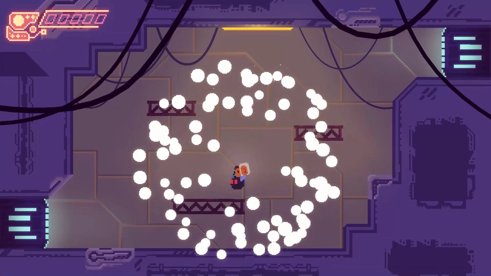 Hippoxxus: Player surrounded by glowing orbs in a dark, industrial spaceship corridor with UI in corner