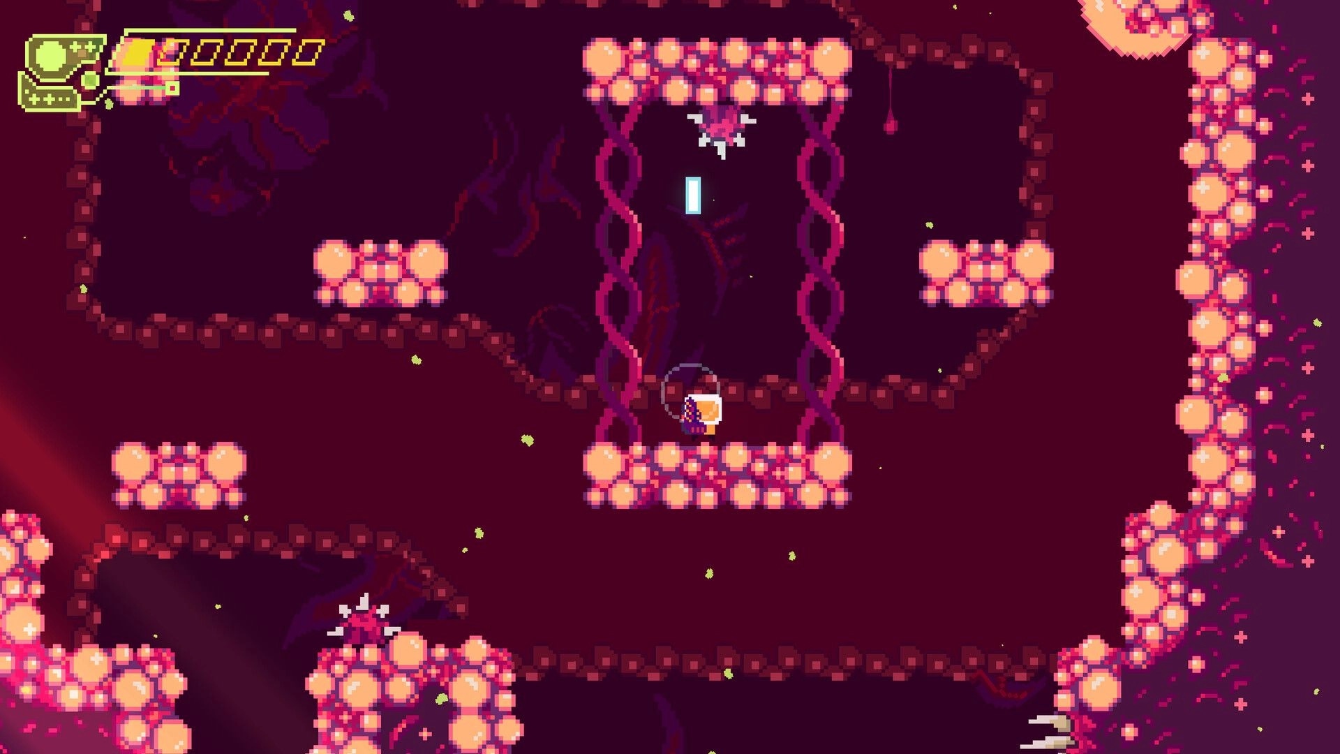 Hippoxxus: Player navigates alien-infested cavern with pixel art platforms and enemy indicators.