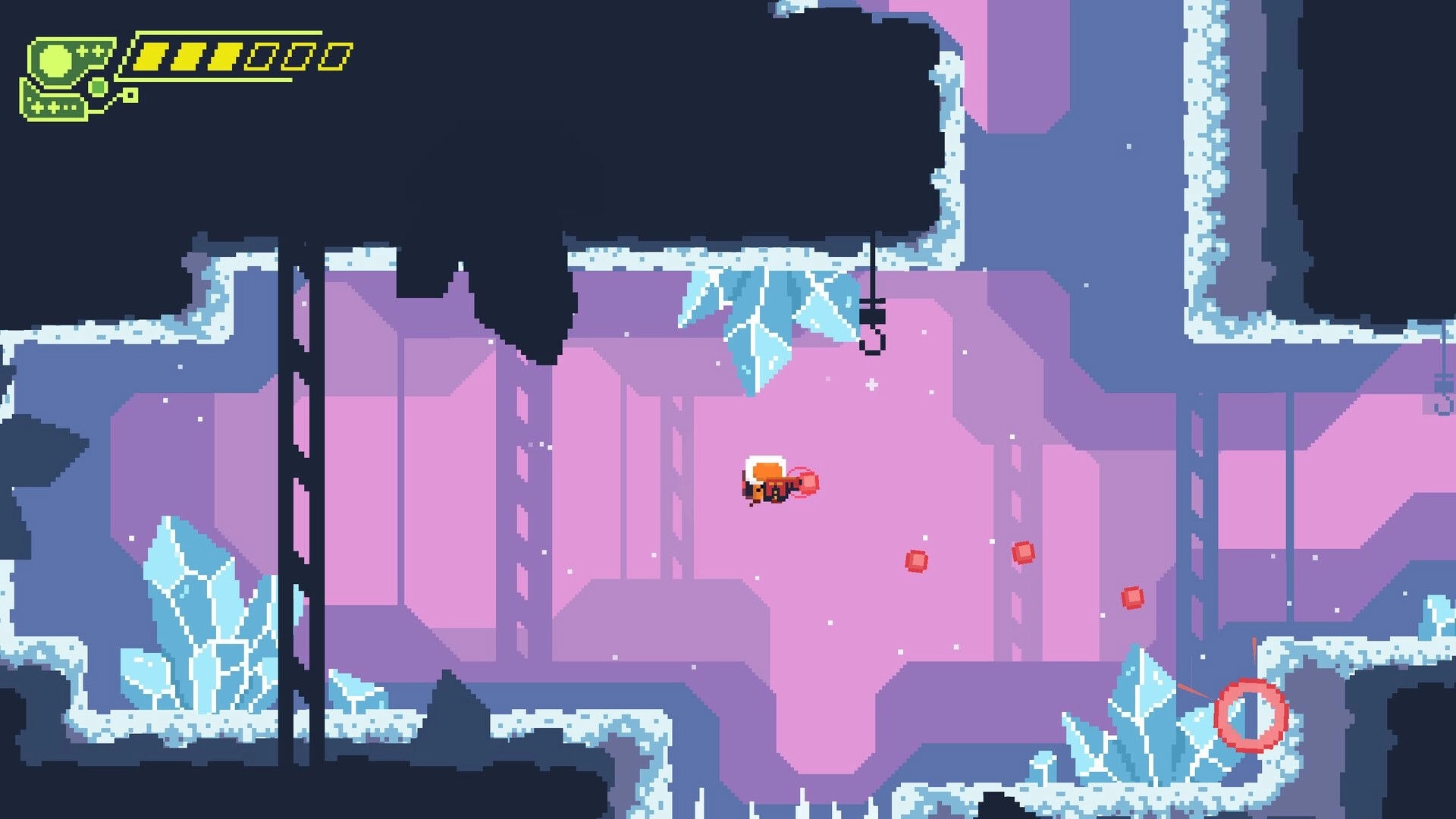 Hippoxxus: Player character in icy cave environment with health bar and crystals visible