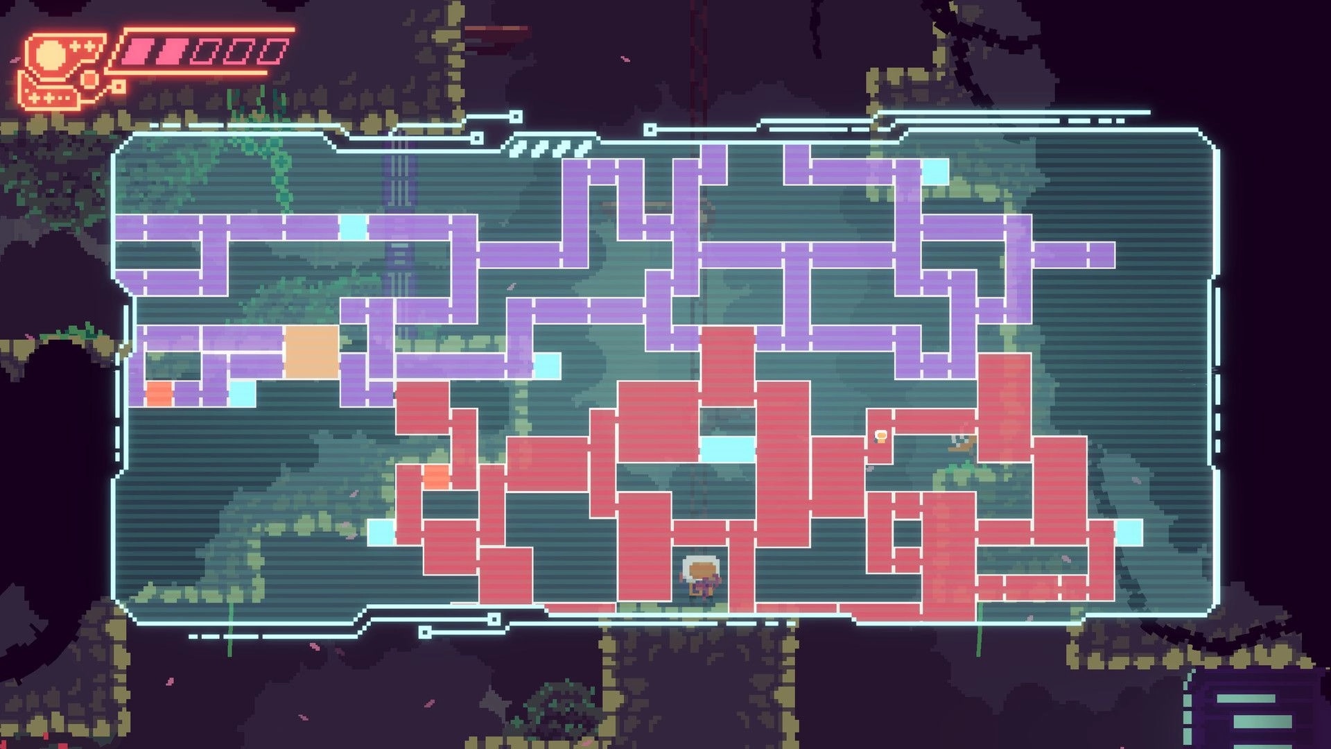 Hippoxxus: Map screen showing explored and unexplored areas with health bar in spaceship environment