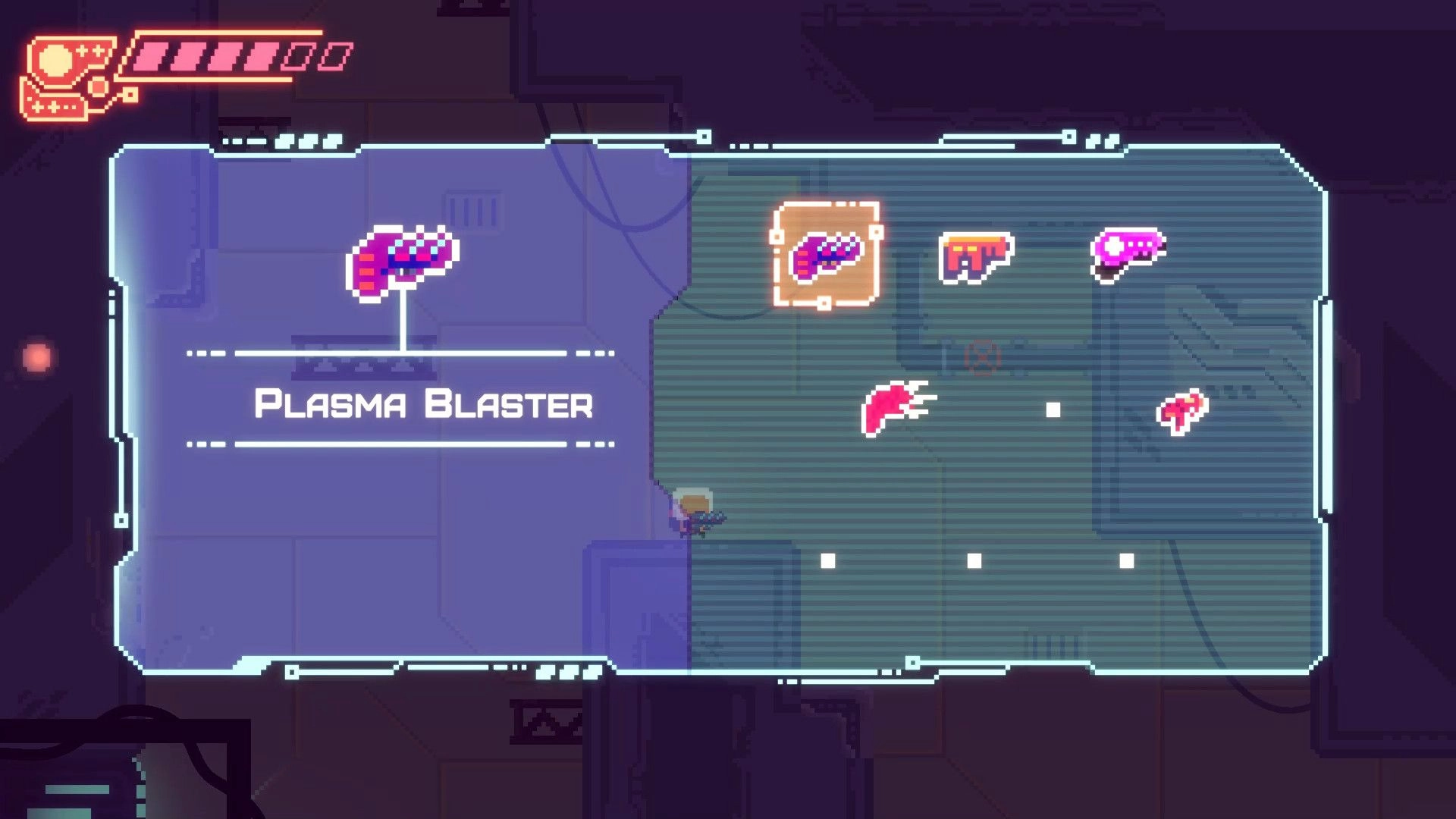 Hippoxxus: Weapon selection menu with Plasma Blaster highlighted in spaceship interior setting