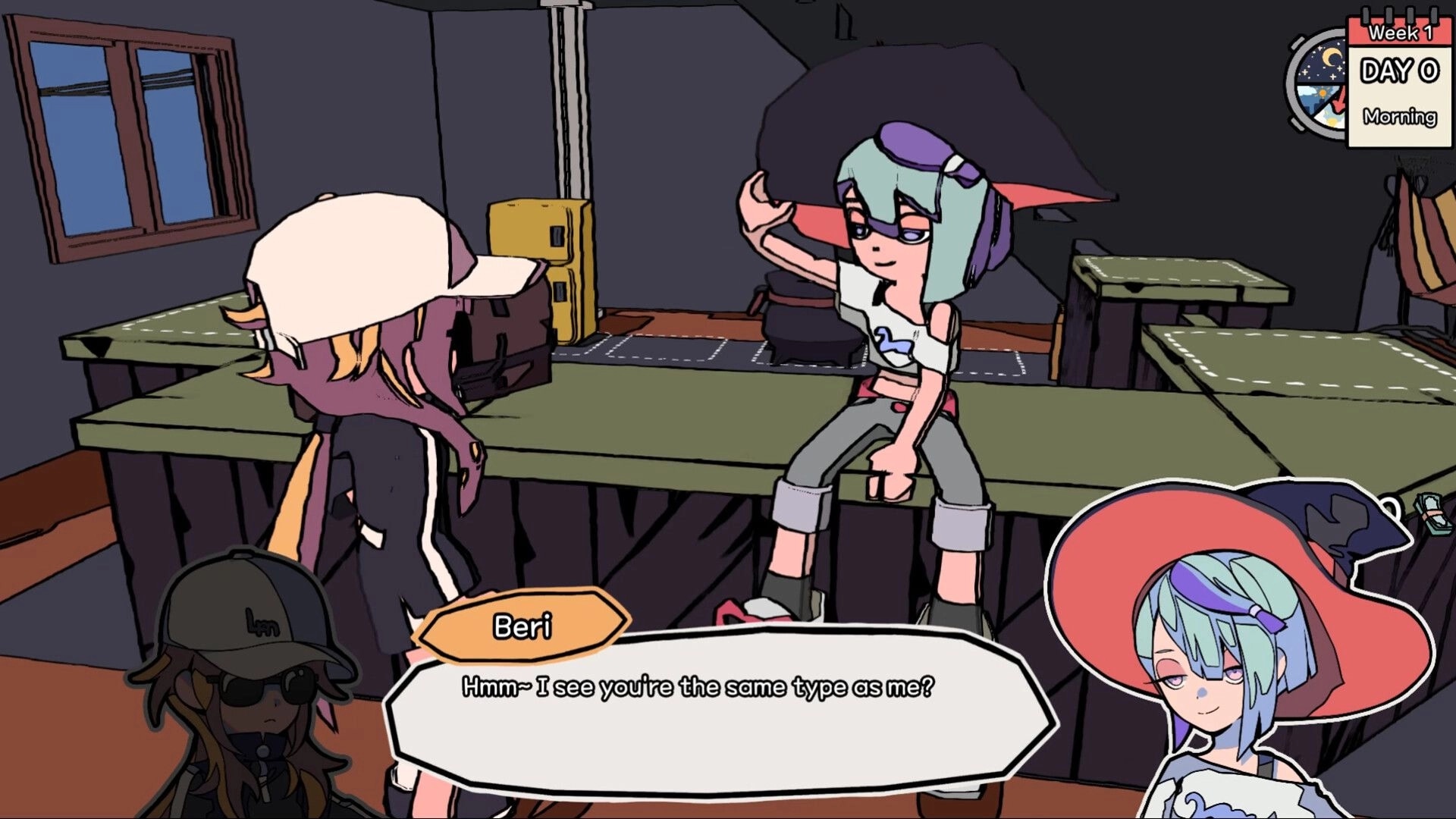 HIPS N NOSES: Dialogue with Beri at café tables, Week 1 Day 0 Morning UI in corner.