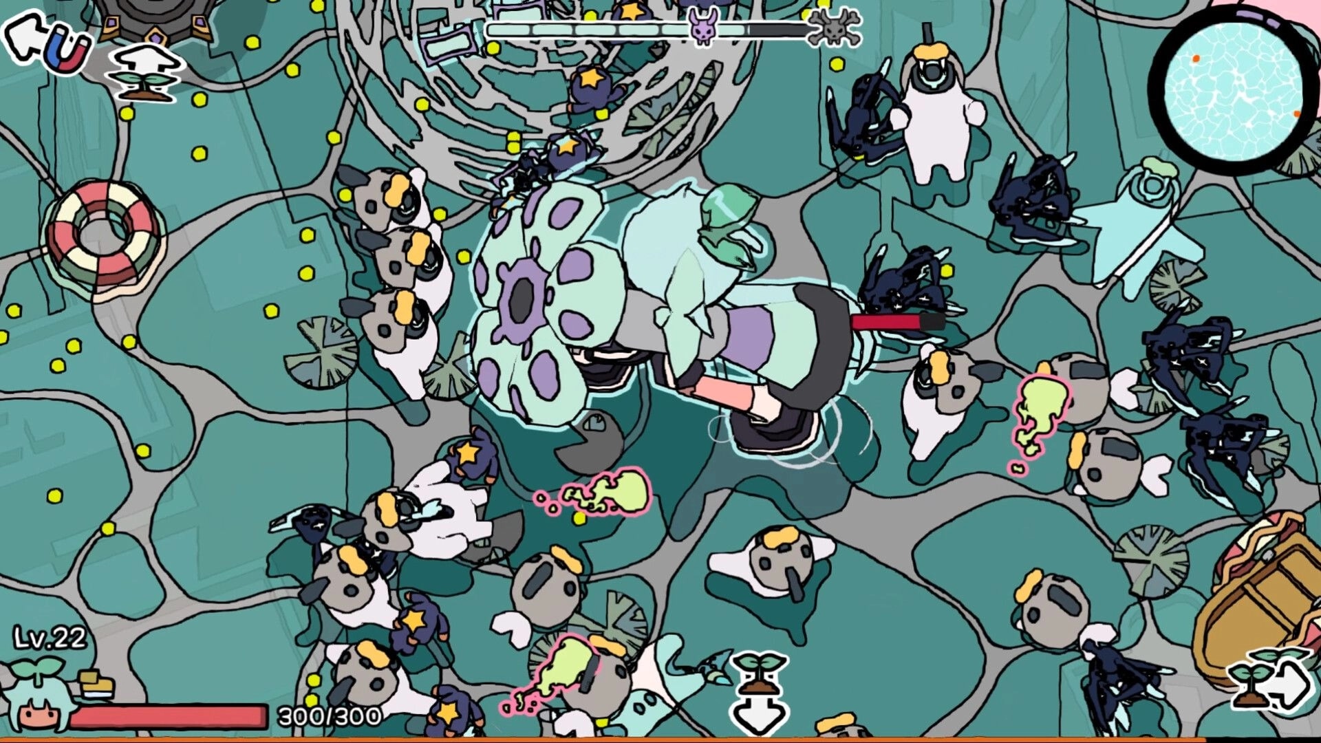 HIPS N NOSES: Top-down battle vs clustered enemies and a huge bug boss in teal maze, HP UI visible.