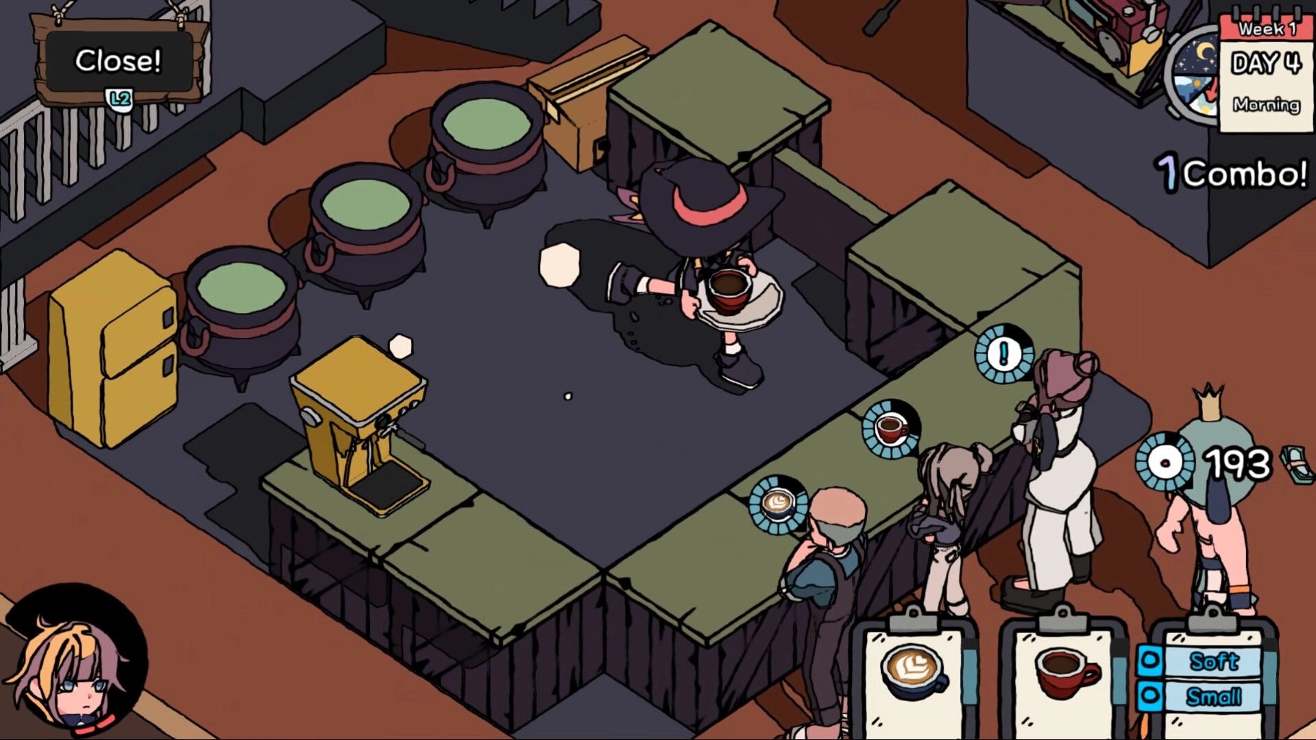 HIPS N NOSES: Server carries coffee behind café counter with queued customers and drink order icons.