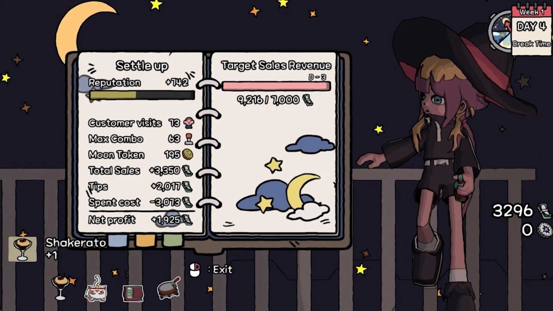 HIPS N NOSES: End-of-day sales report book UI with stats and target bar under a starry night sky.