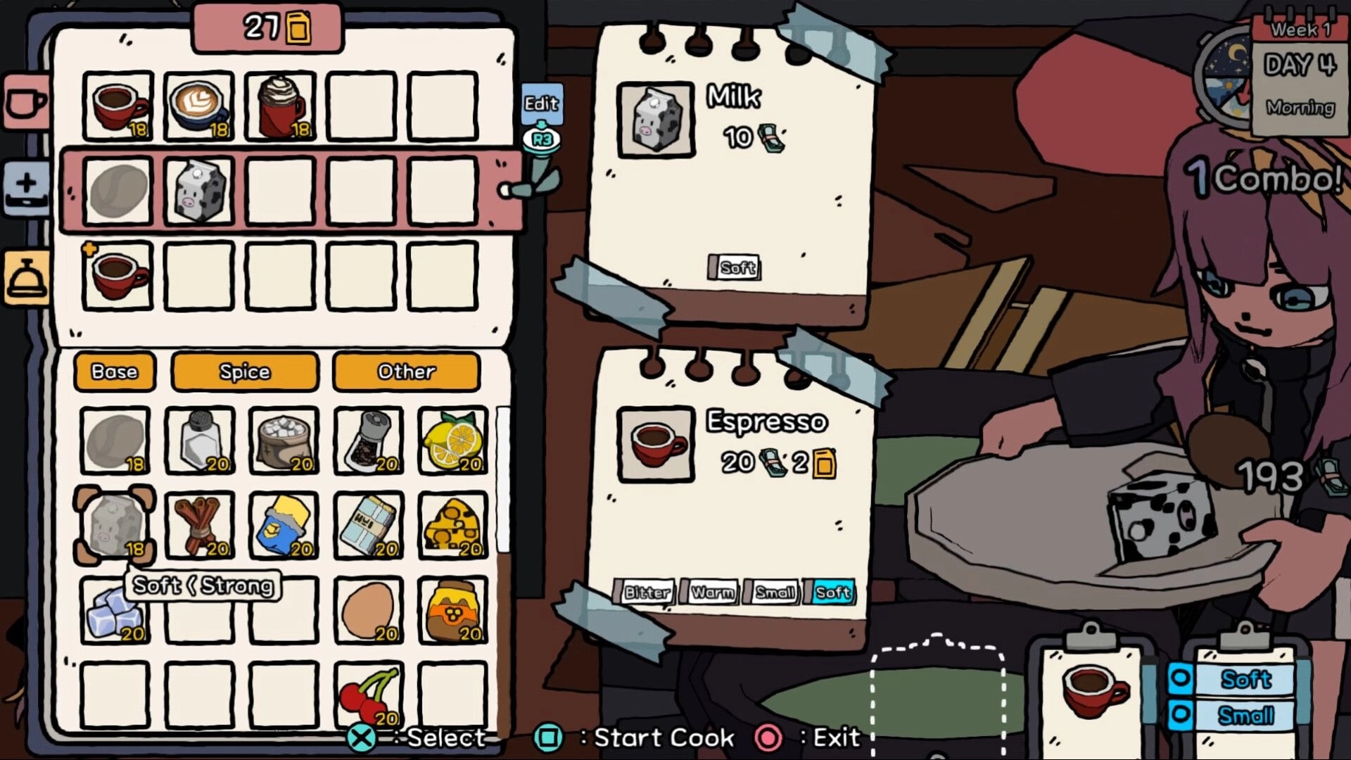 HIPS N NOSES: Recipe mixing UI for espresso and milk in cafe kitchen, customer waits at counter UI.