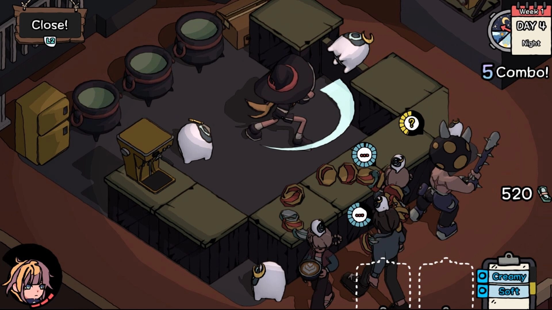 HIPS N NOSES: Night combat in café kitchen, scythe slash hits monsters; Week 1 Day 4 UI, 5 combo.