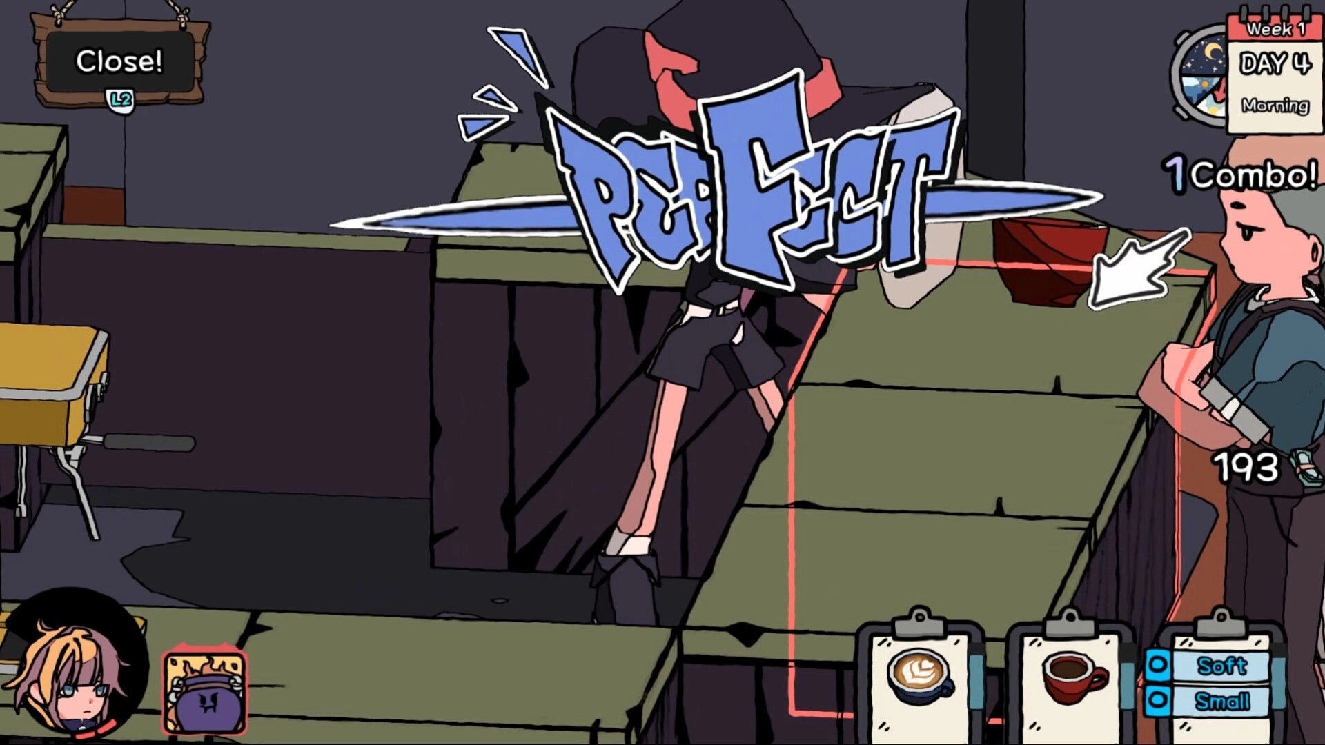 HIPS N NOSES: Cafe service minigame with a PEFET hit, combo counter, and drink order UI at tables.