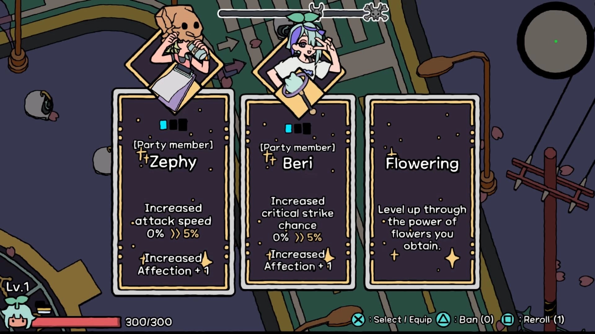 HIPS N NOSES: Level-up card selection for Zephy and Beri with stat boosts over a street map UI.