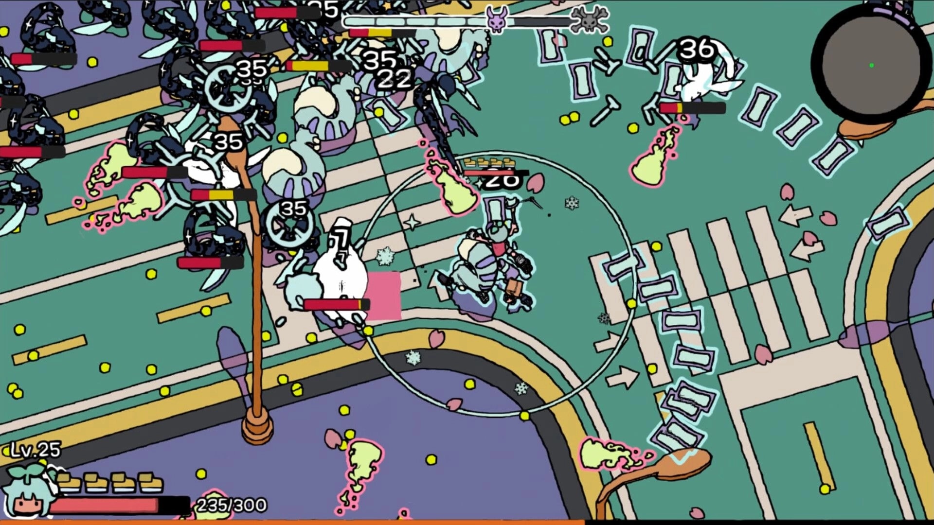 HIPS N NOSES: Top-down combat with swarming enemies and damage numbers on a city crosswalk map.