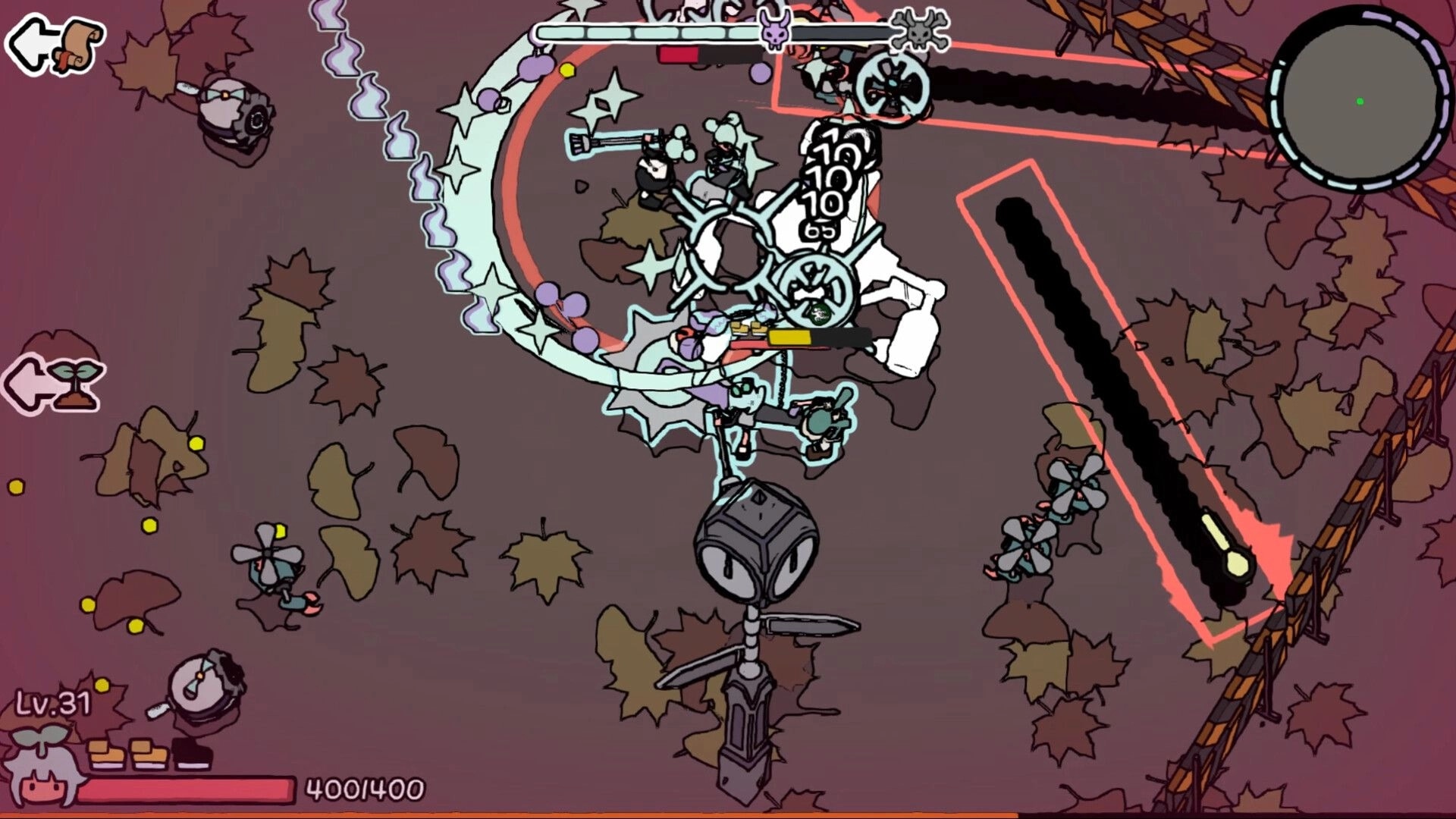 HIPS N NOSES: Top-down nightmare battle with damage numbers, lasers, and HP bar over leaf ground.