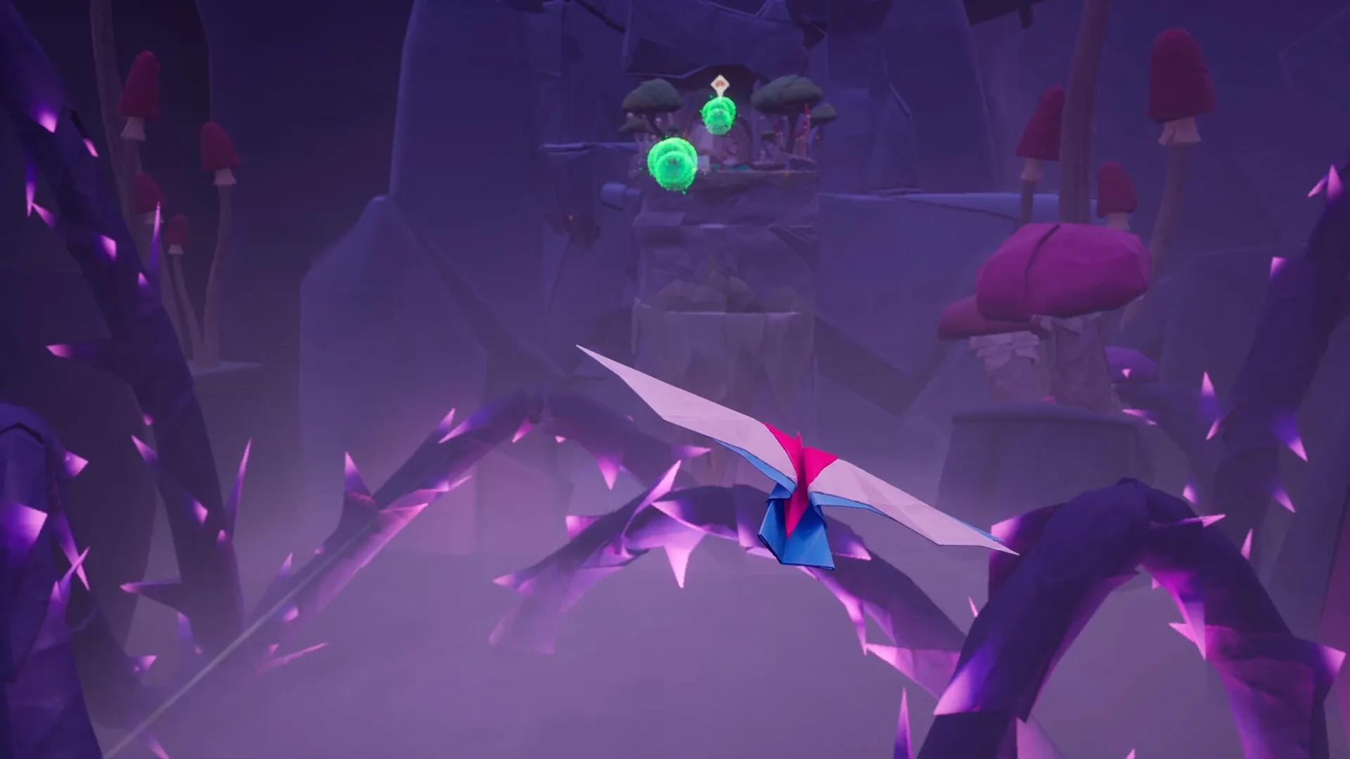Hirogami: Hiro in bird form soaring through misty canyon with glowing green orbs and fungi platforms