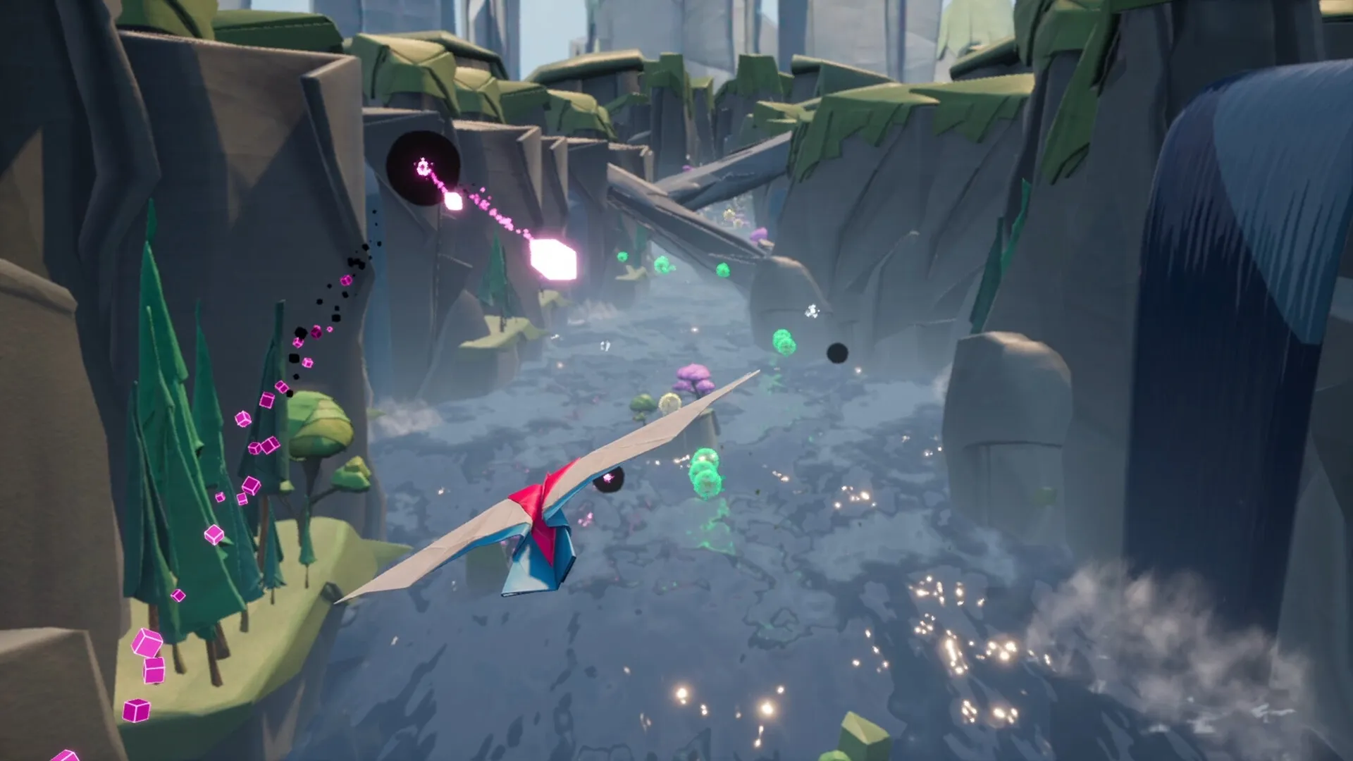 Hirogami: Hiro gliding as a paper crane through a canyon, dodging obstacles and collecting glowing orbs.