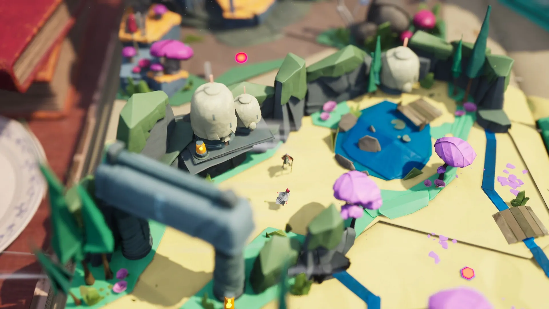 Hirogami: Hiro exploring vibrant origami landscape with trees, pond, and small structures visible